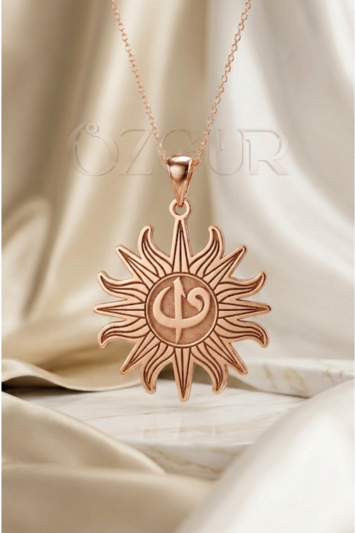 925 Ayar Gümüş Elif ve Vav Yazılı Güneş Kolye - Rose / 40 cm