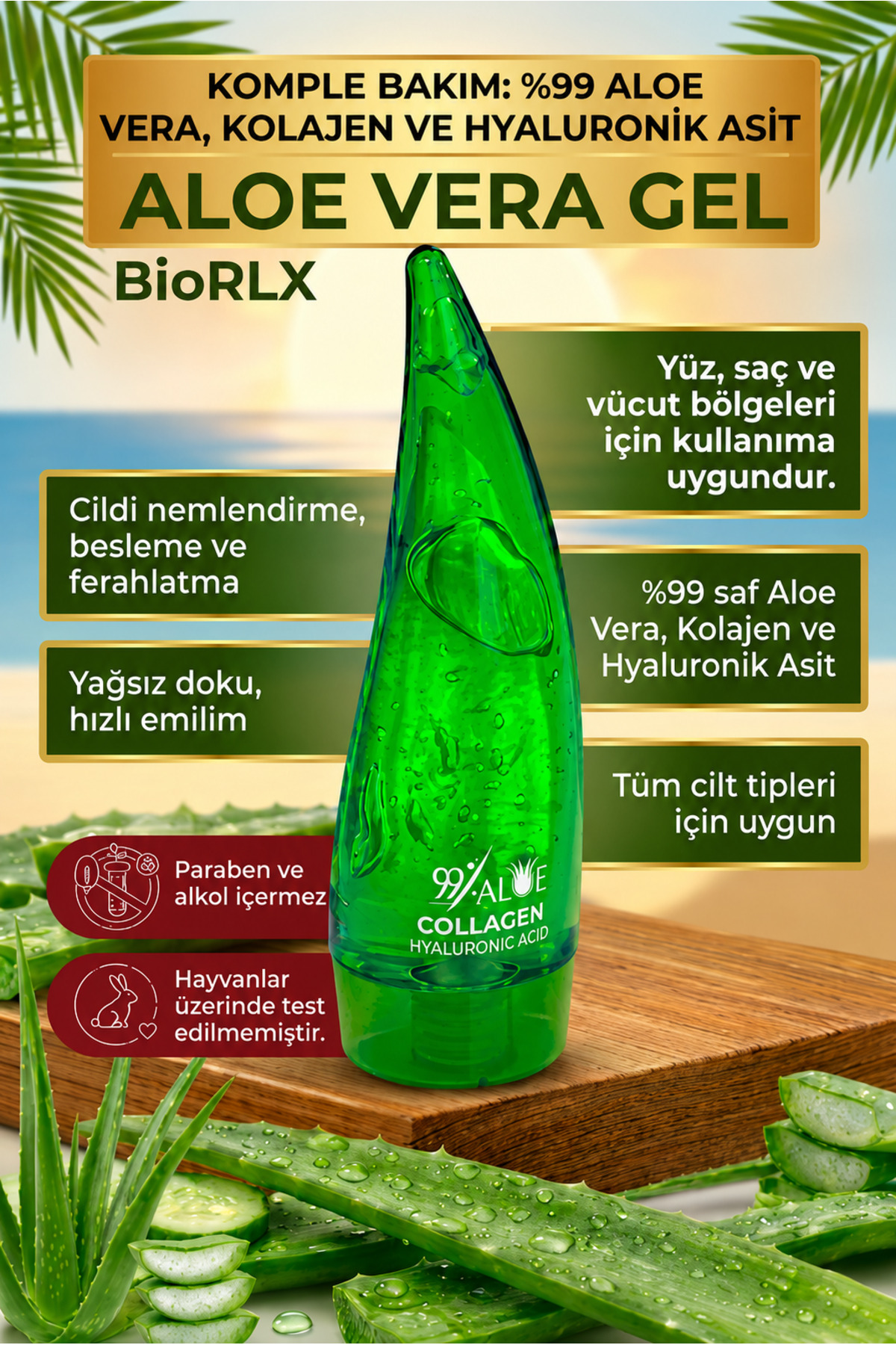 %99 Aloe Vera Jeli, Kolajen Ve Hyaluronik Asit 50ml /Yüz, Vücut ve Saç Bakımı — BIORLX50ML — تصویر 3 از 5