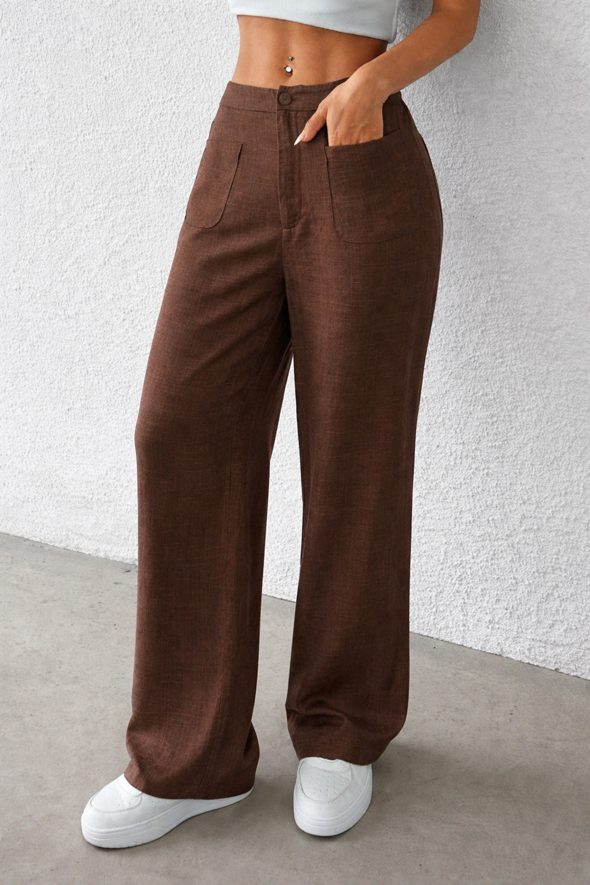 COOL TARZ  Kadın Geniş Paça Pantolon Ön Cepli Rahat Kalıp Keten Günlük ve Şık Pantolon - Görsel 6