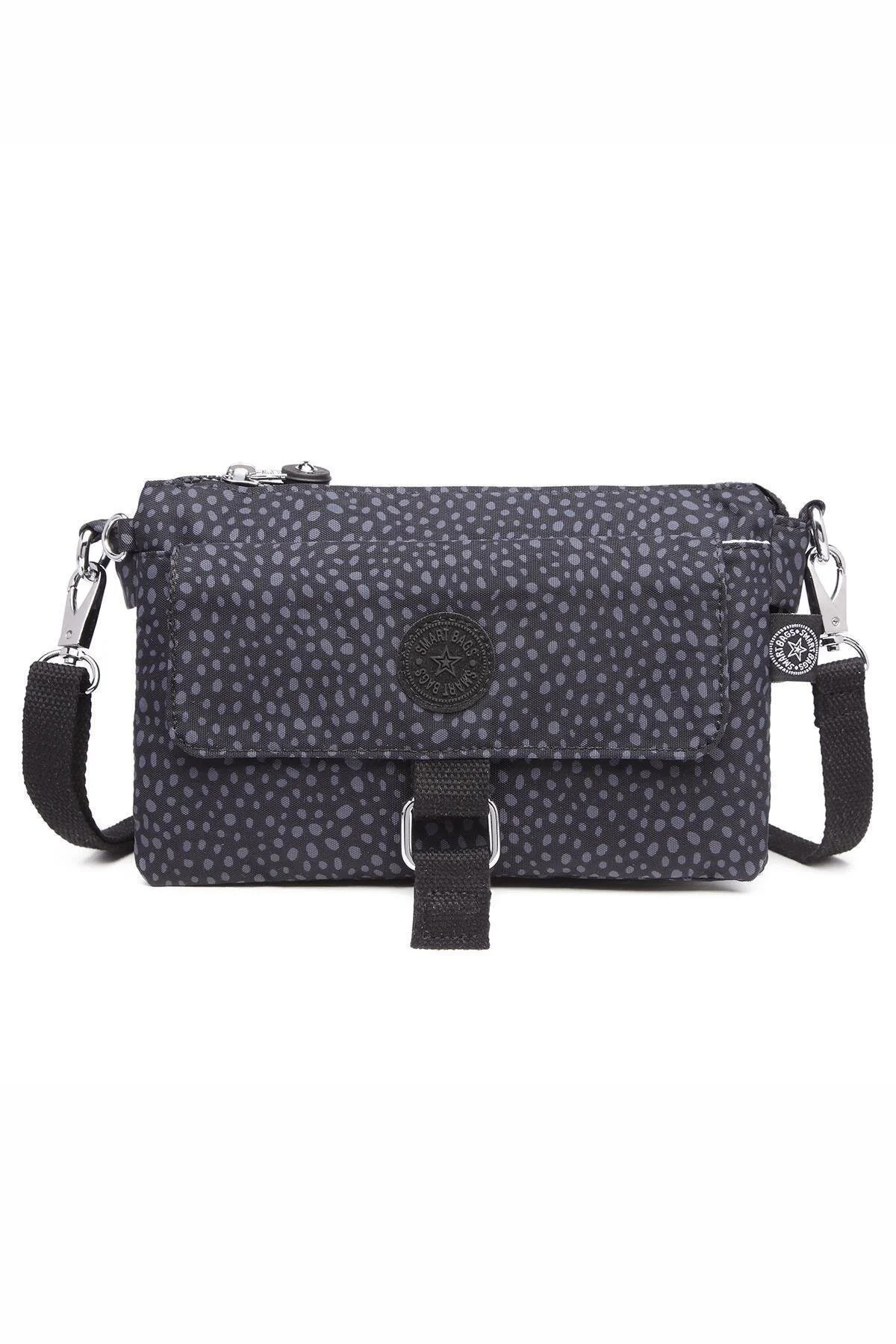 SMART BAGS Günlük Minik Boy Su Geçirmez Krınkıl Kumaş Kadın Telefon ve Postacı Çantası Puantiye Siyah