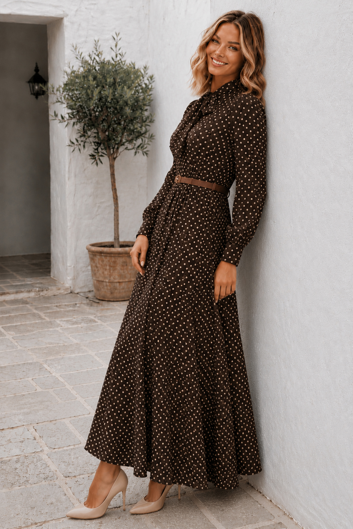 benguen Belted Polka Dot Dress B2613 Brown
