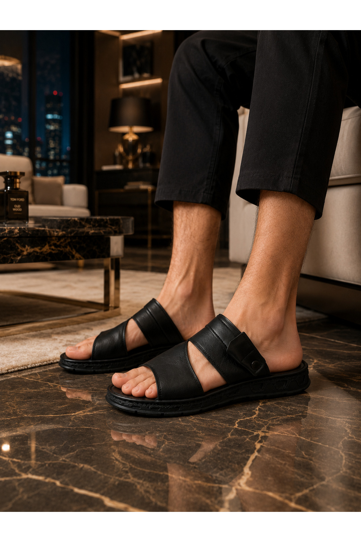Cooka Shoes Erkek Siyah Hakiki Deri Sandalet Terlik – İç Dış %100 Deri, Konforlu ve Şık Günlük Kullanım