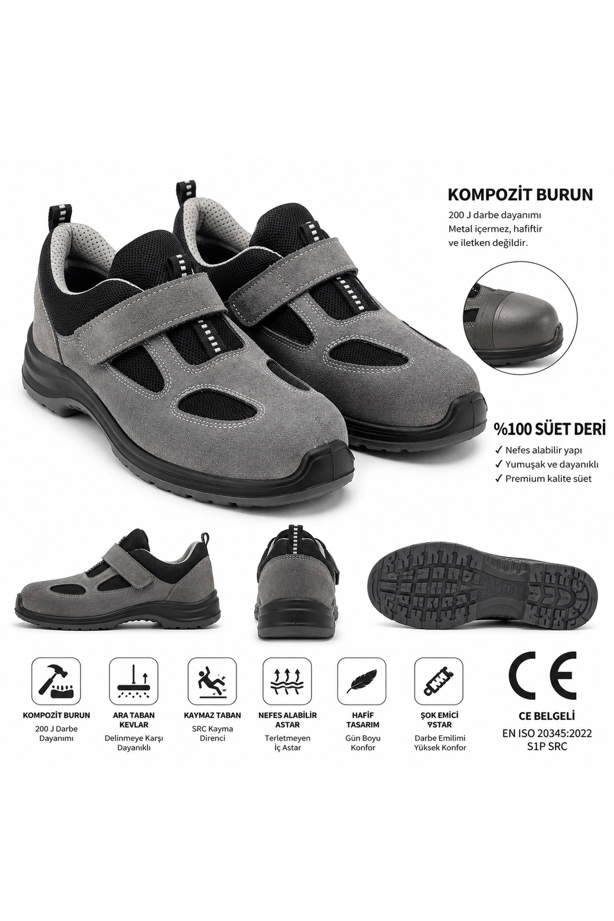 Cooka Shoes S1P SRC Kompozit Burunlu İş Güvenliği Ayakkabısı %100 Süet Deri Hafif ve Nefes Alabilir – Gri