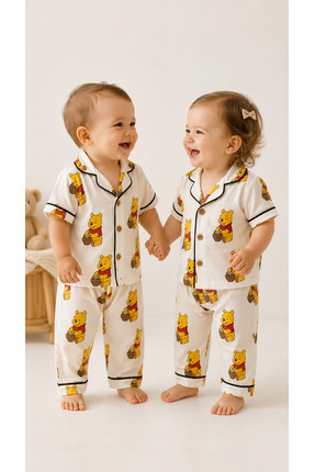 LUMY KIDS Ayıcık Desenli Bal Kovanlı Kısa Kollu 2 Parça Bebek Pijama Takımı