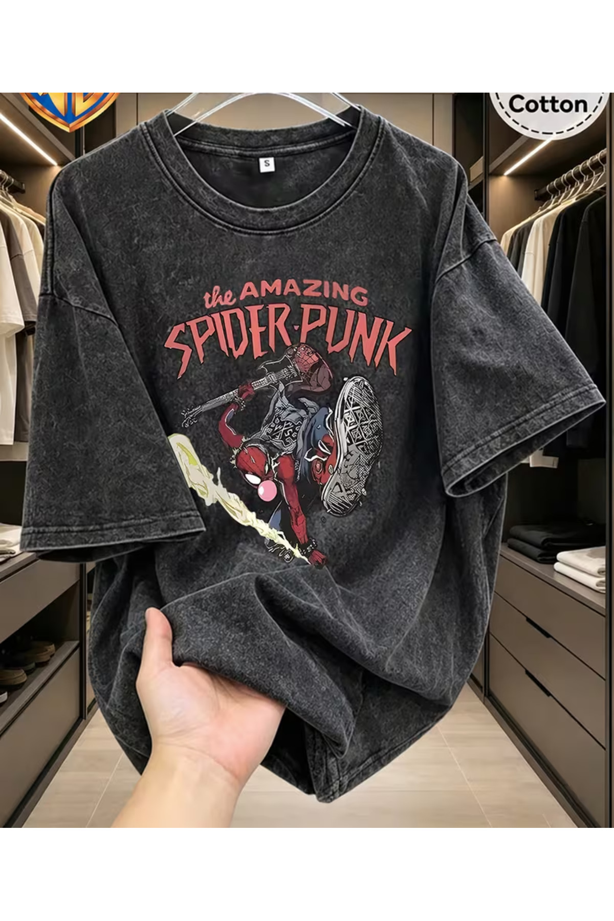 تي شيرت رائع مطبوع عليه Amazing Spider Punk للجنسين قابل للغسل وذو تصميم عتيق كبير الحجم
