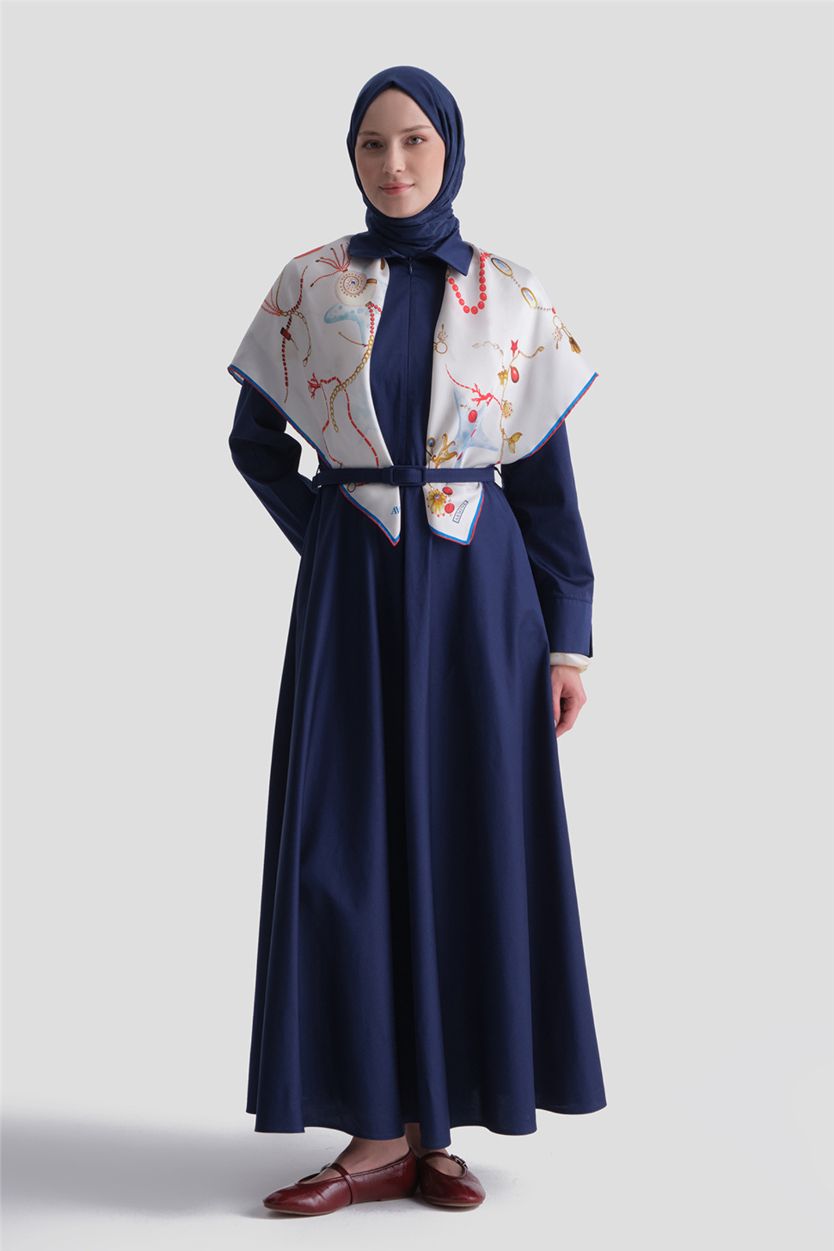 Armine Belted Pleated Dress Navy Blue