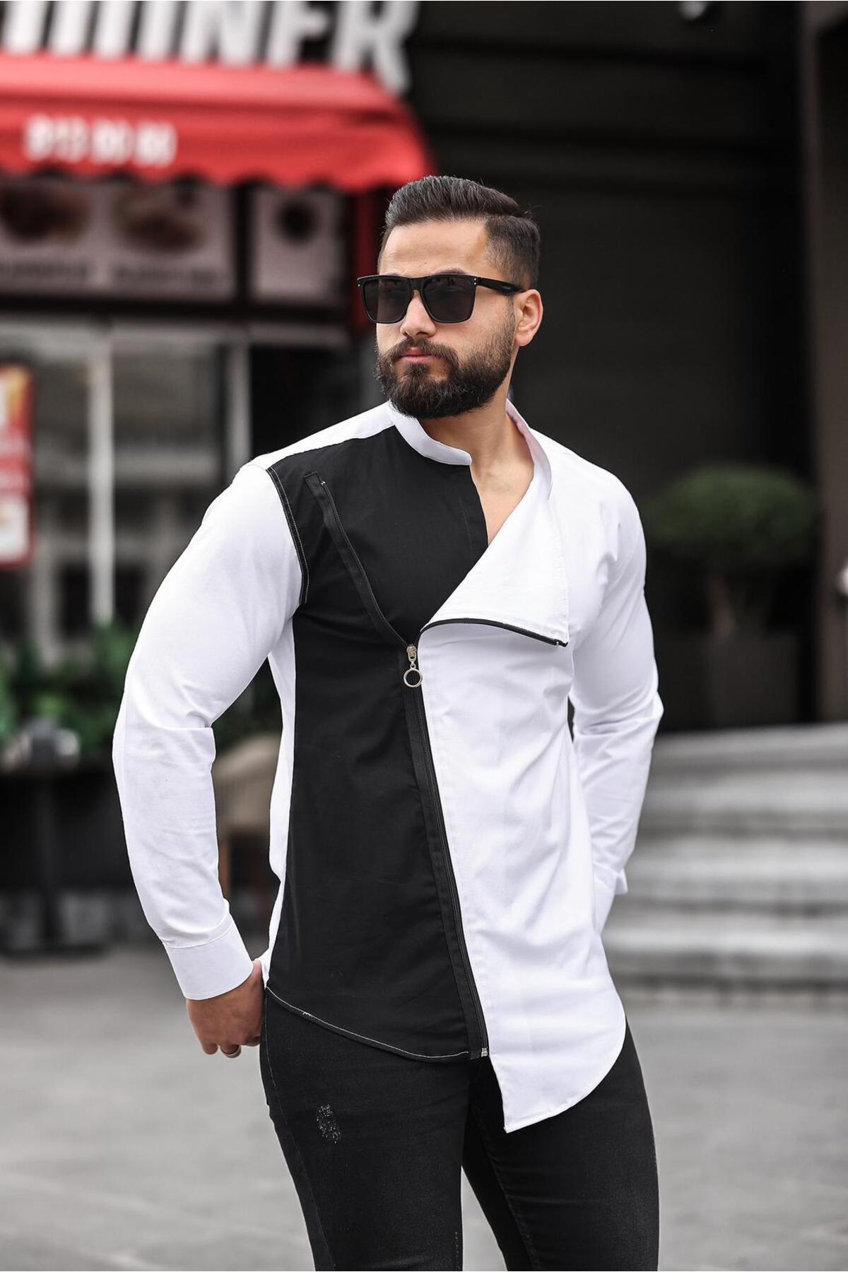Çift Renk Asimetrik Fermuarlı Erkek Slim Fit Gömlek — سفید BAYIM ÇİFT RENK ASİMETİK FERMUARLI — تصویر 4 از 5