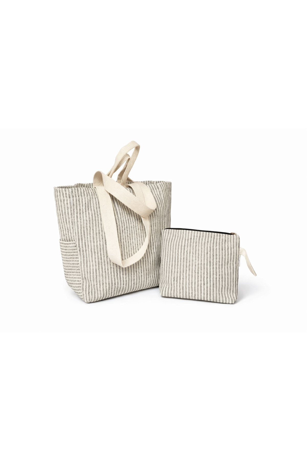 Faralya Life %70 Pamuk %30 Polyester Kadın Çanta Çıtçıtlı Siyah Çizgili Plaj Çantası %70 Pamuk %30 Polyester 26*21cm Makyaj Çantası Kombin görsel 2