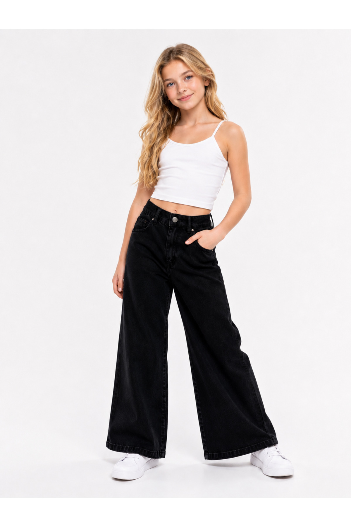 Girls Wide Leg Jean Pants Wide Leg 100% Cotton Casual Fit Casual Denim Pants Plain Black 11-15 Years