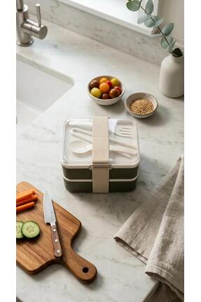 yuzi home Yuzi İki Katlı Lunch Box Çatal Kaşıklı Beslenme Kutusu Sızdırmaz Ye...