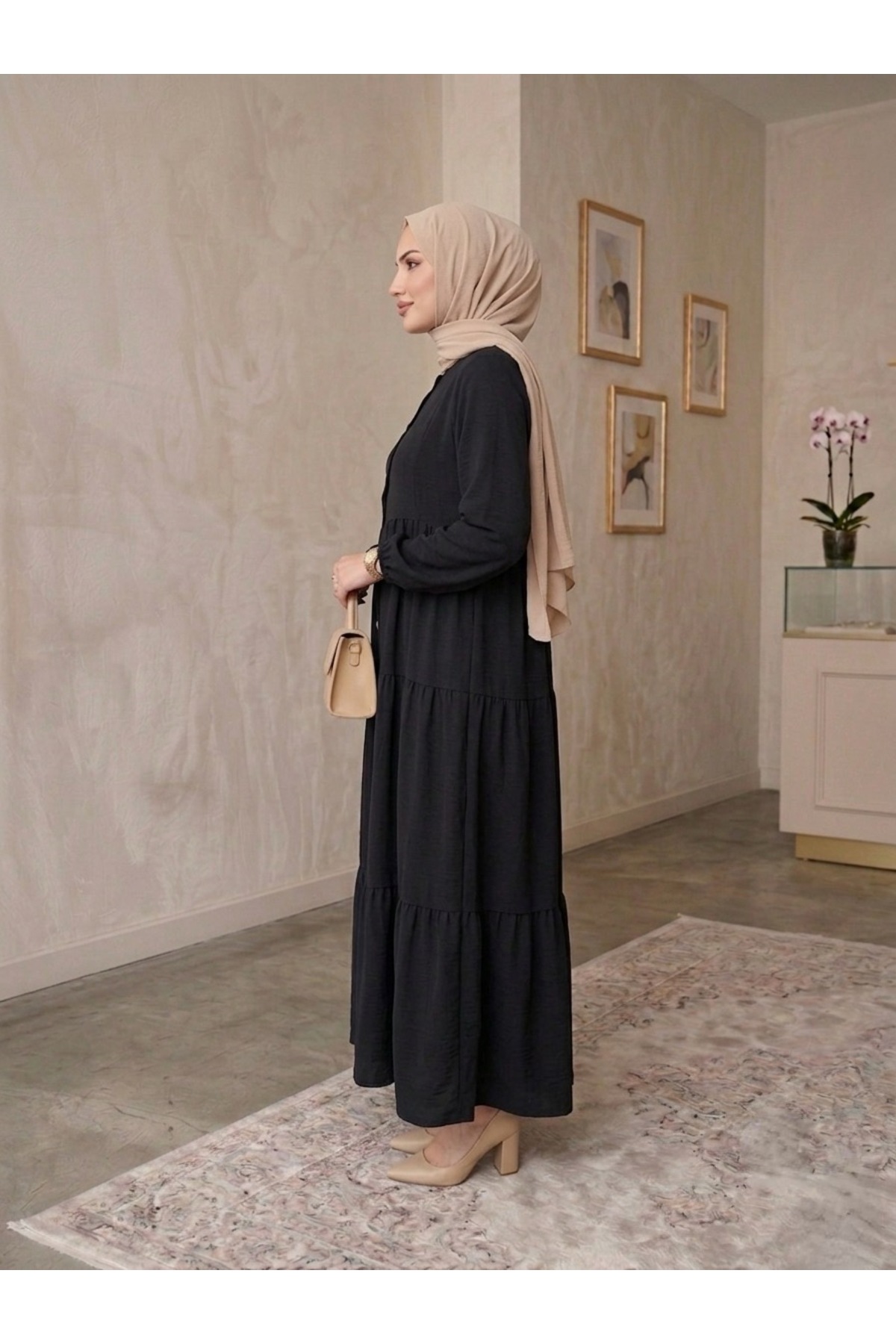 ECEYLÜL MODA %100 Pamuk Önü Düğmeli Siyah Salaş Bol Kesim Kat Kat Uzun Tesettür Elbise görsel 3
