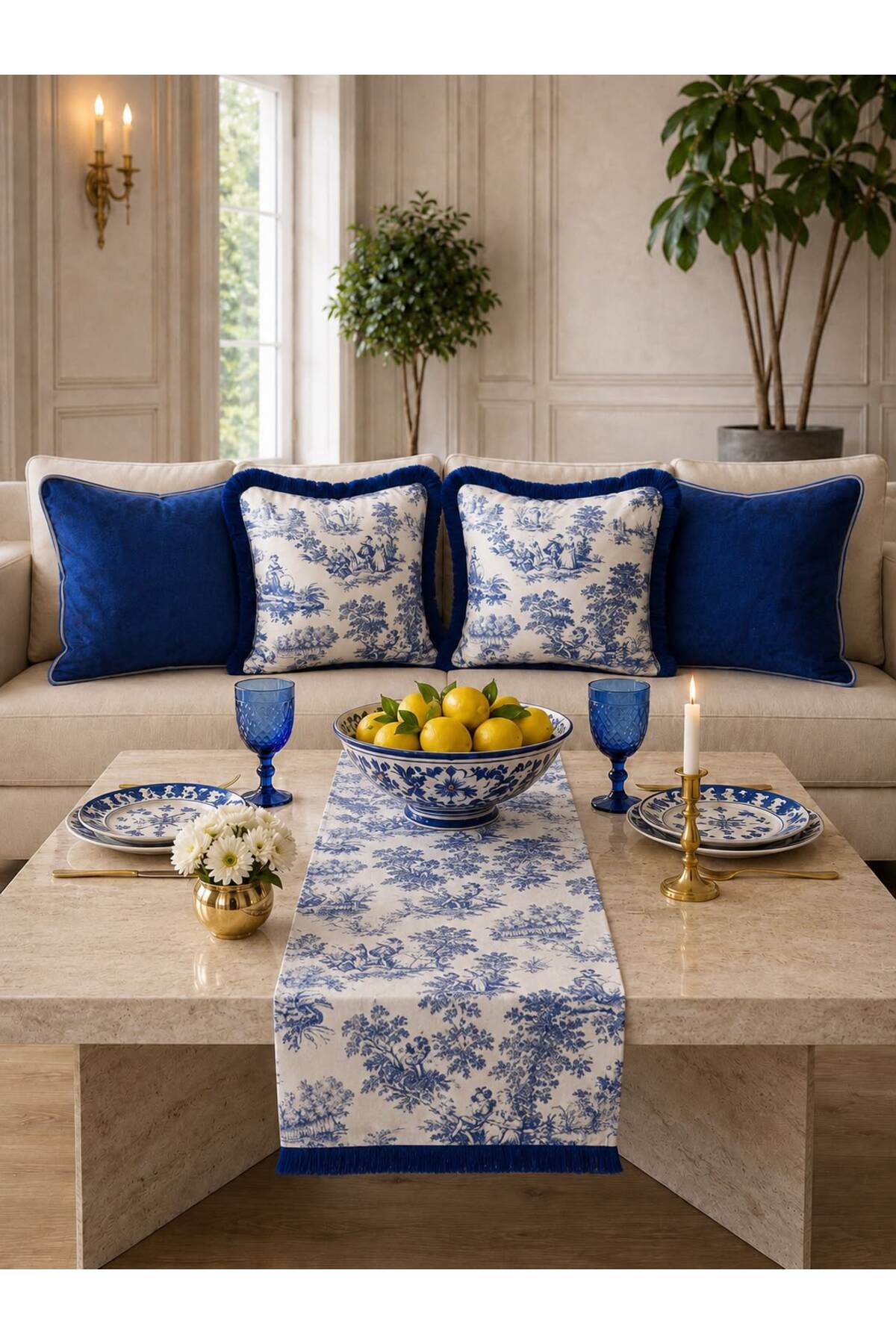 French Peasant Rustic Vintage Decorative Suede 5-Piece Pillowcase and Runner Combination