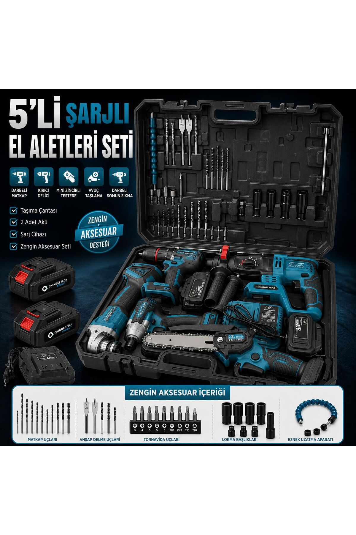 CHELİKBEİ 5'li Şarjlı El Aletleri Seti Darbeli Matkap Kırıcı