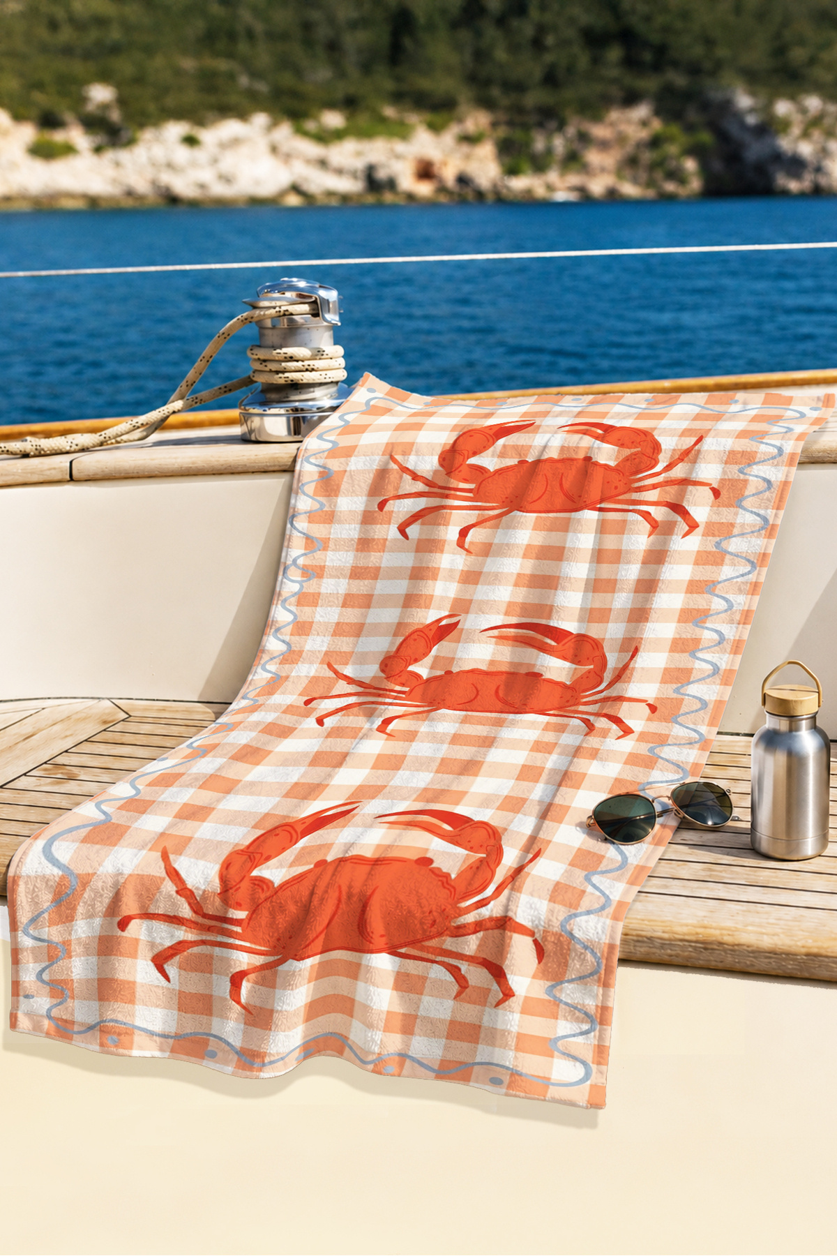 Crab Themed Pötikare Marine Beach Towel - Mediterranean Orange Plaid Fast Drying Microfiber Towel