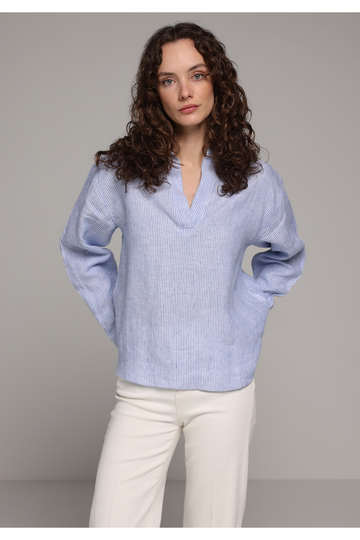 Fashion Fit Shirt Neck Çizgili Kadın Mavi Uzun Kol Gömlek