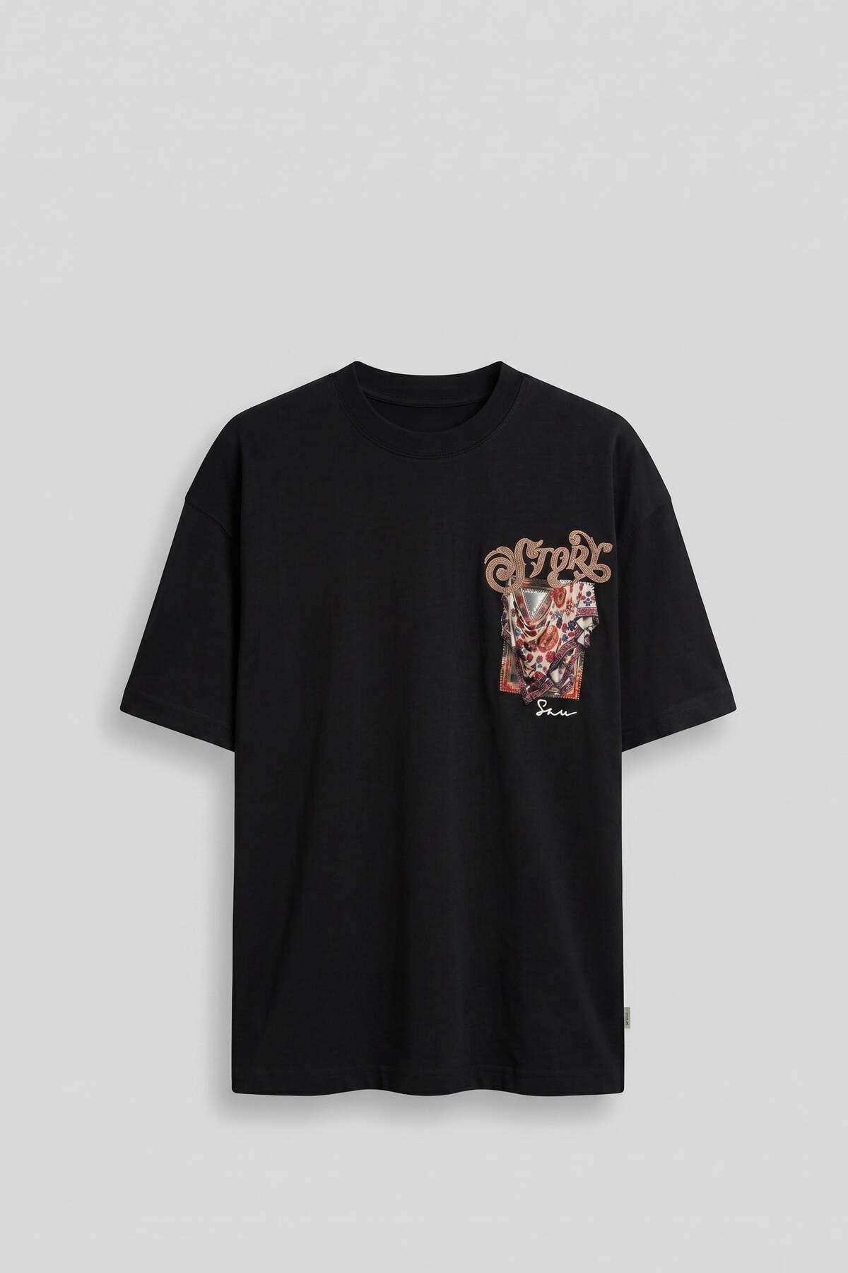 ablukaonline Men's Oversize Ethnic Patterned 3D Back Printed T-Shirt Black