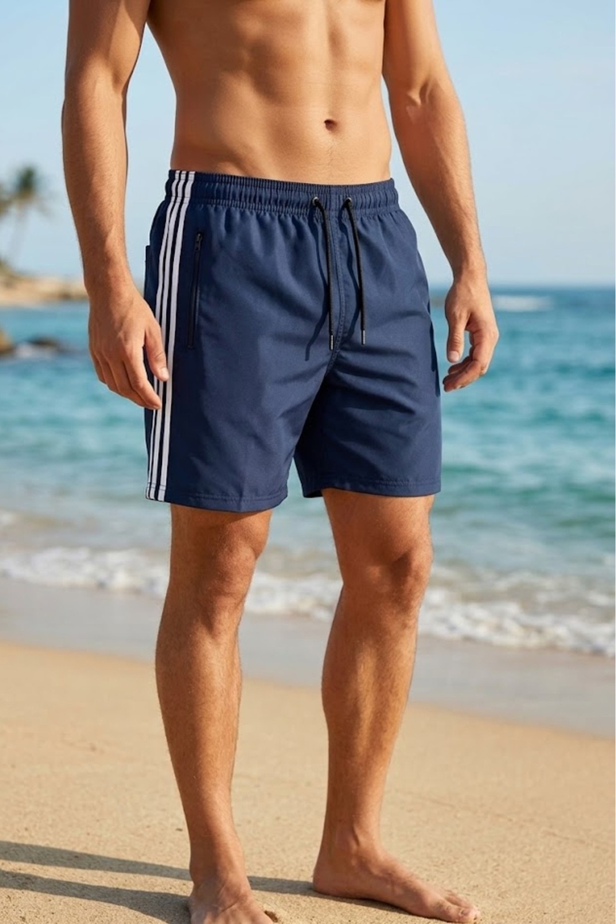 CottonVia Men's Swim Shorts, with Pockets, Lace-Up, Lined, Navy Blue