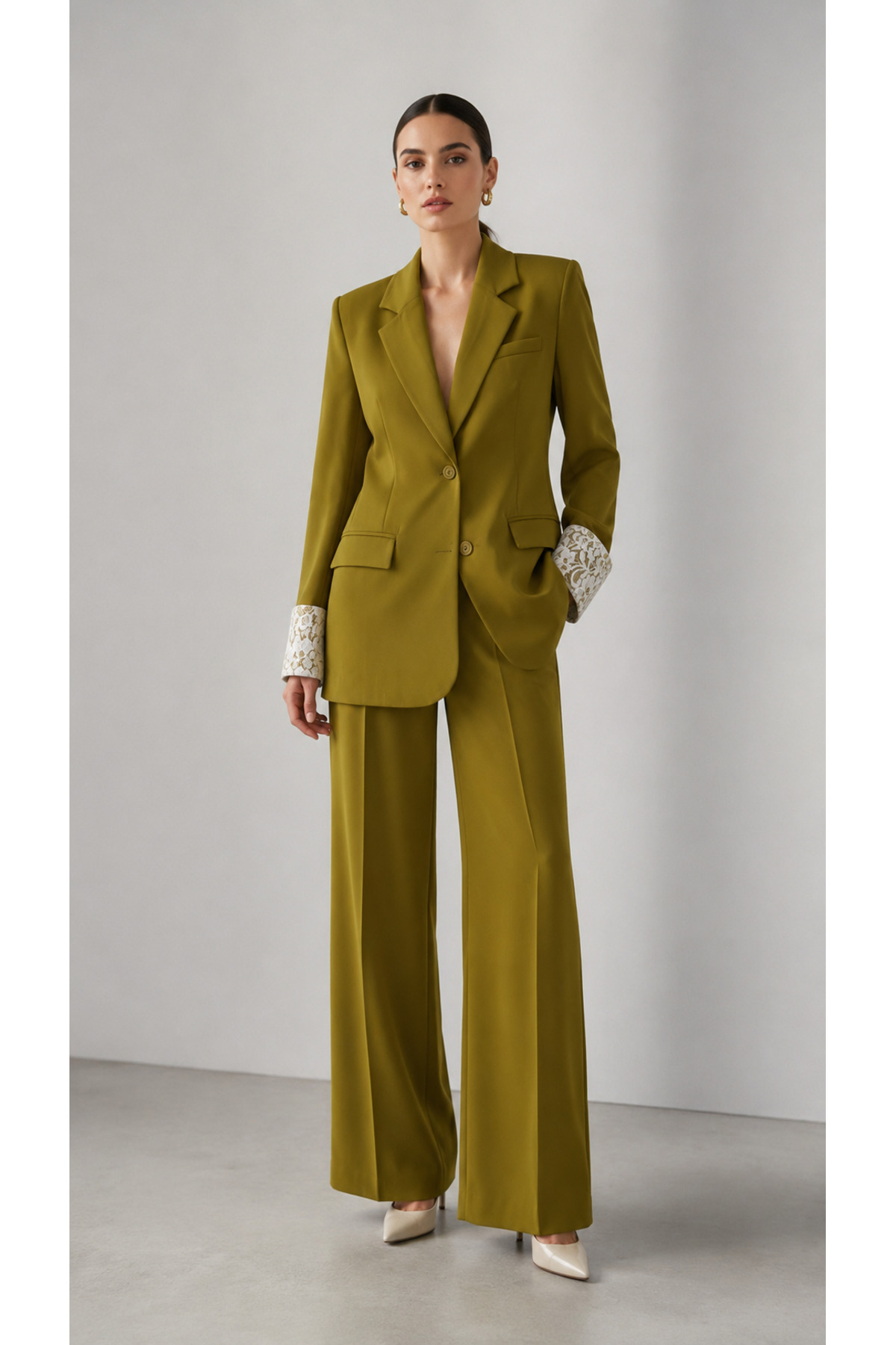 Giyim Dünyası Women's Sleeve Lace Detail Jacket Trousers Green