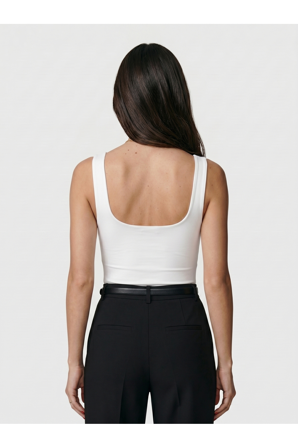 Kadın Kare Yaka Kalın Askılı Çıtçıtlı Body Slim Fit Dar Kalıp Likralı Bodysuit - Beyaz 4