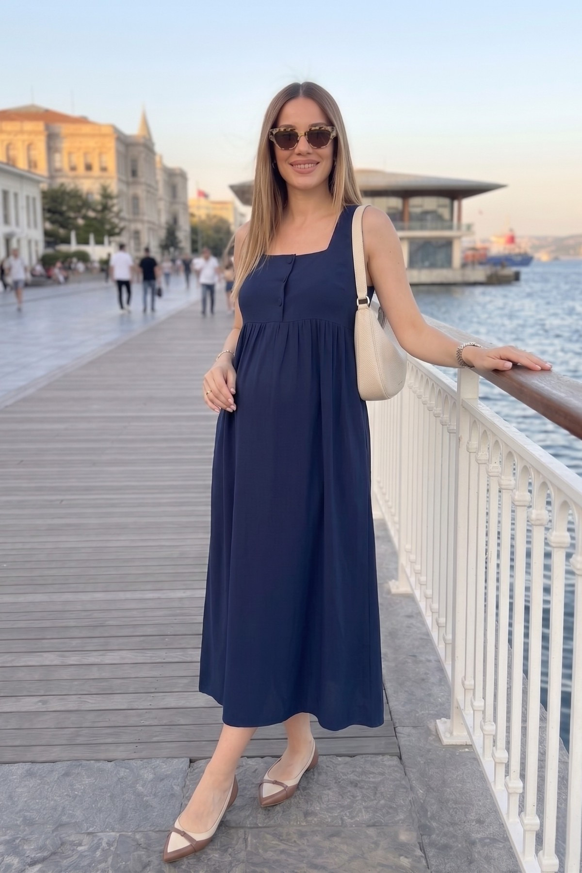 Miss Dünya Lissa  Kare Yaka Düğmeli Sıfır Kol Hamile ve Lohusa Dokuma Elbise - Görsel 3