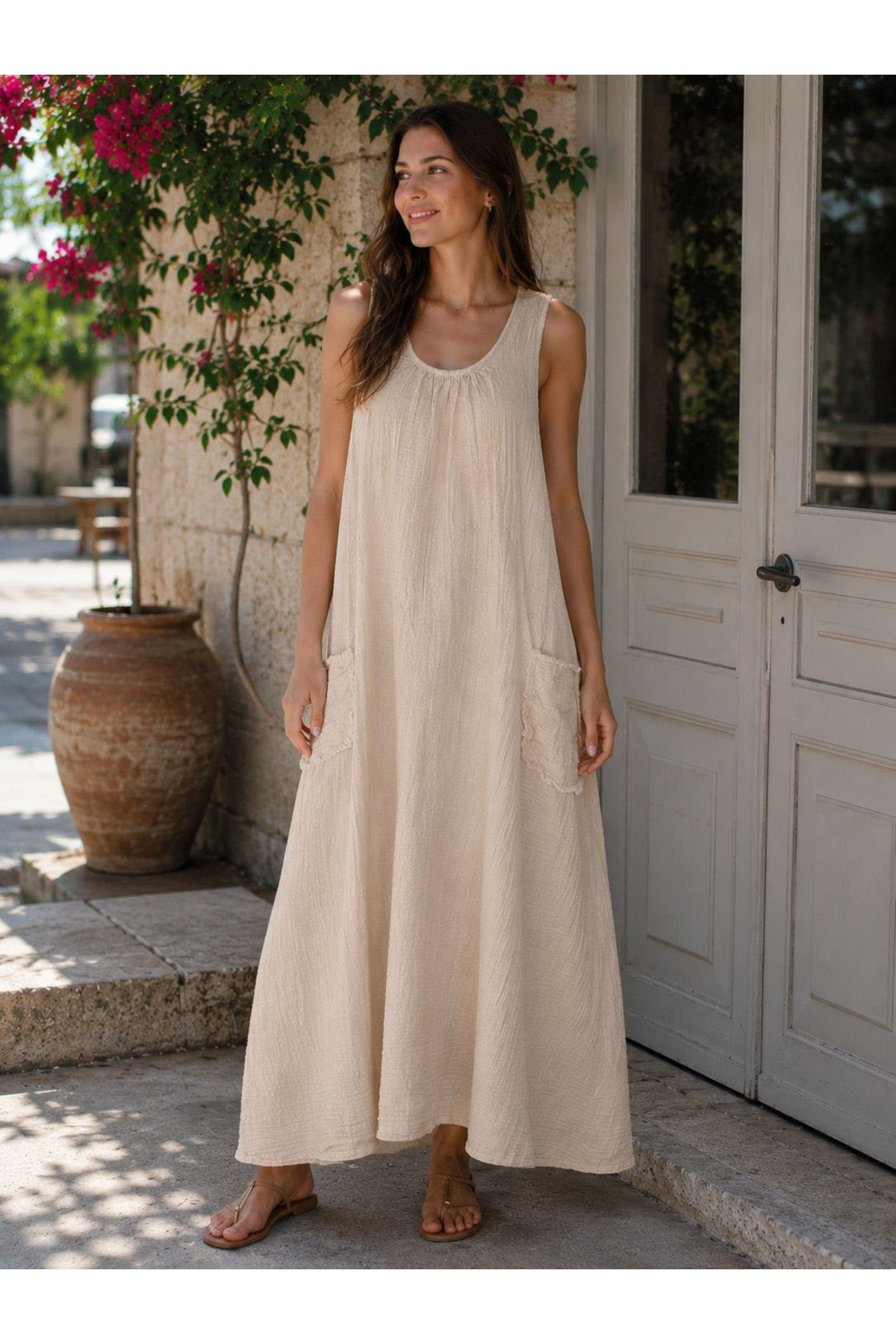 cesita Women's Cream 100% Cotton Muslin Fabric Long Dress with Pockets