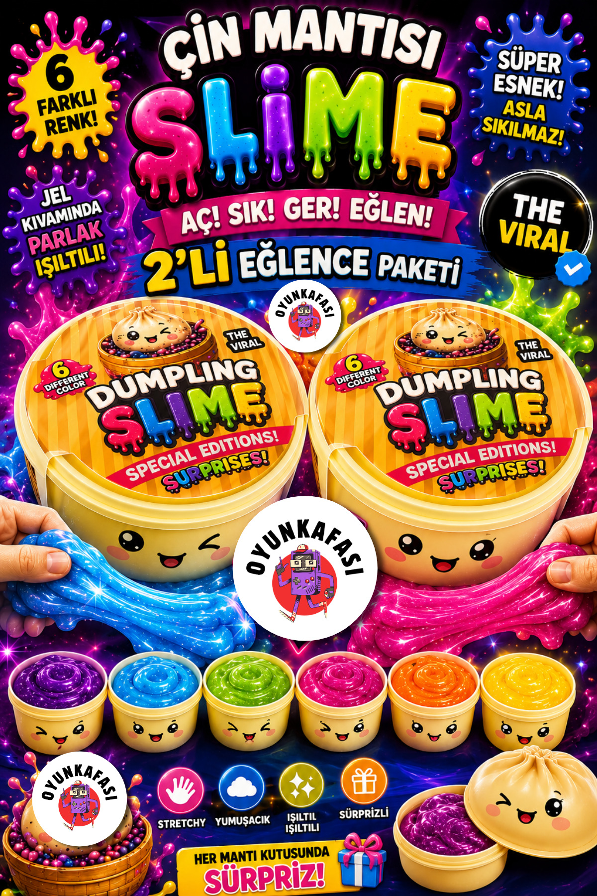 OYUNKAFASI Çin Mantısı Slime 2'li Set | Işıltılı Esnek Slime Oyuncağı | 6 Farklı Renk | Çocuk Duyu Gelişim Oyunu | Karışık Renk Gönderim
