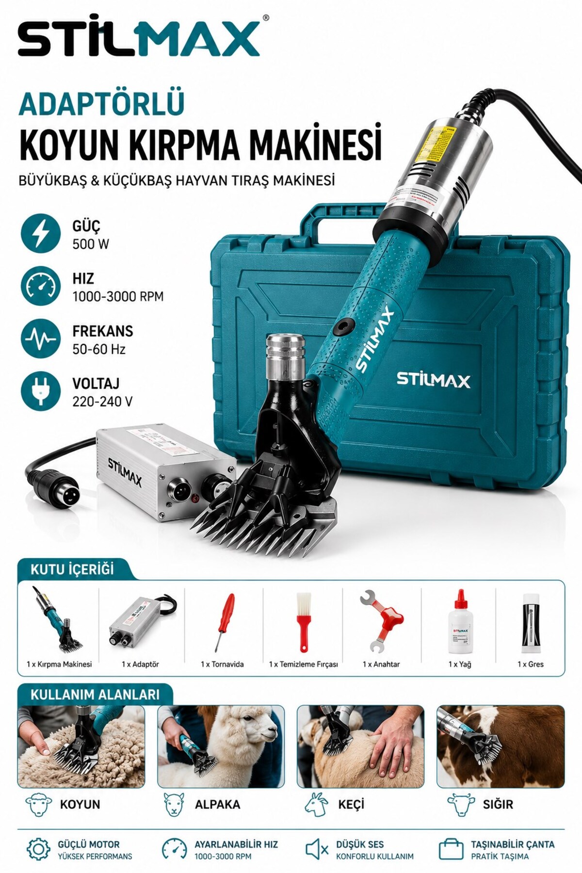 STILMAX Profesyonel Seri Büyükbaş Küçükbaş Hayvan Kırkma Makinesi 500 W Adaptörlü Profesyonel Çantalı Set