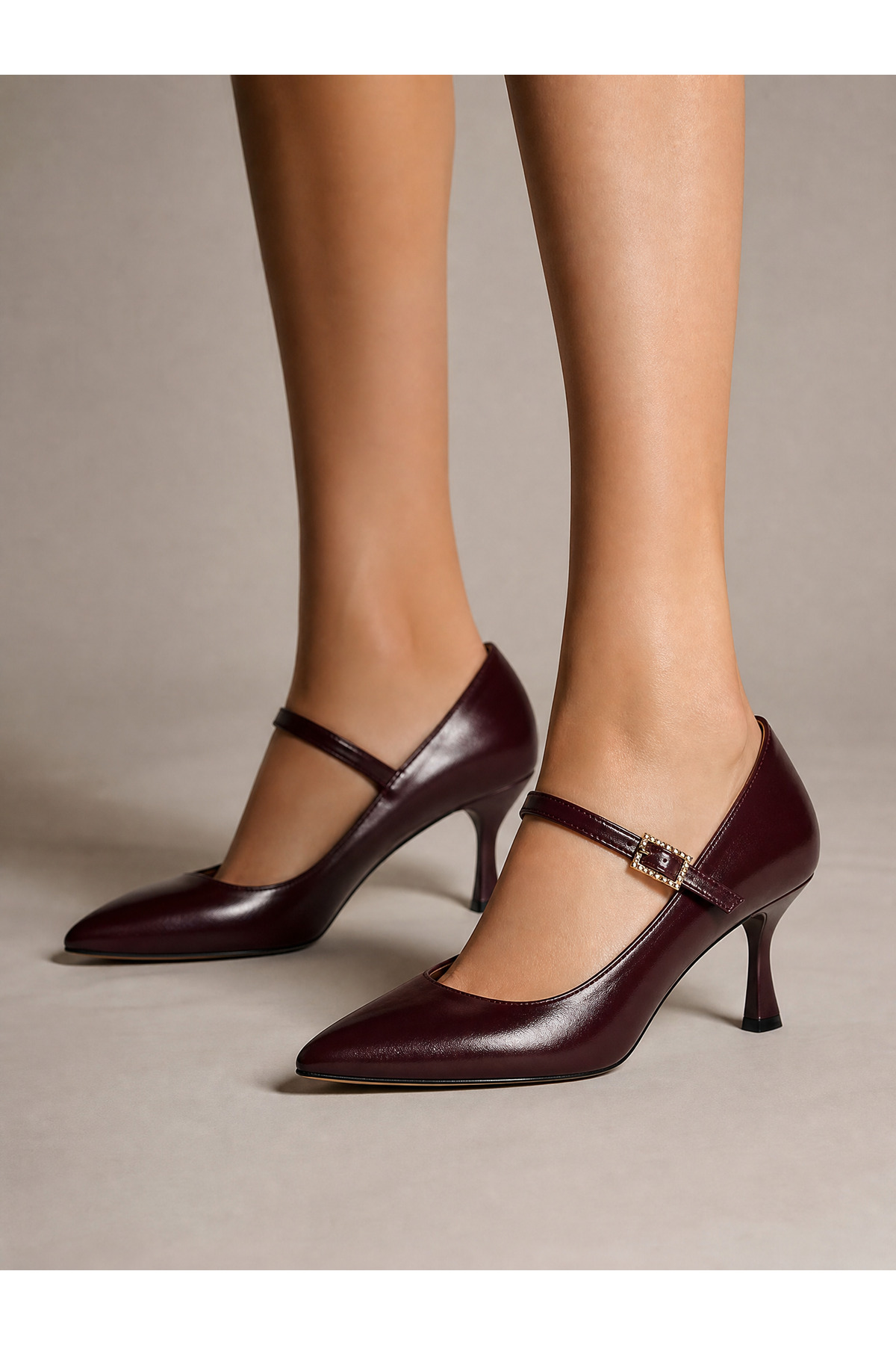 Clara Hakiki Deri Tokalı Tasarım Mary Jane Kadın Stiletto 6 cm İnce Topuklu Ayakkabı — Bordo