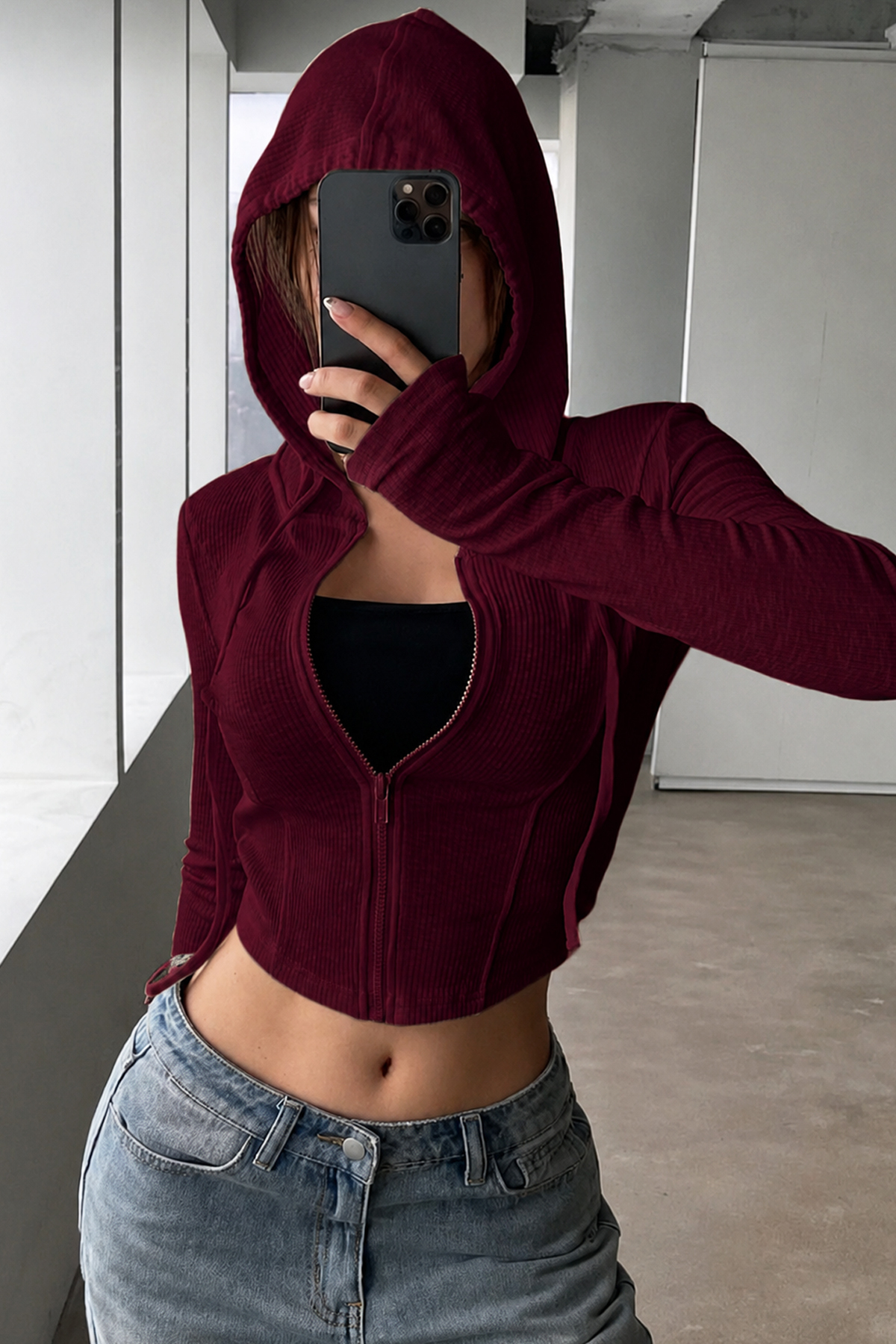 İlayda Toprak Rolly Bordo Fitilli Kumaş Likralı Fermuarlı Slim Fit Kapüşonlu Soft Esnek Uzun Kollu Bluz görsel 5
