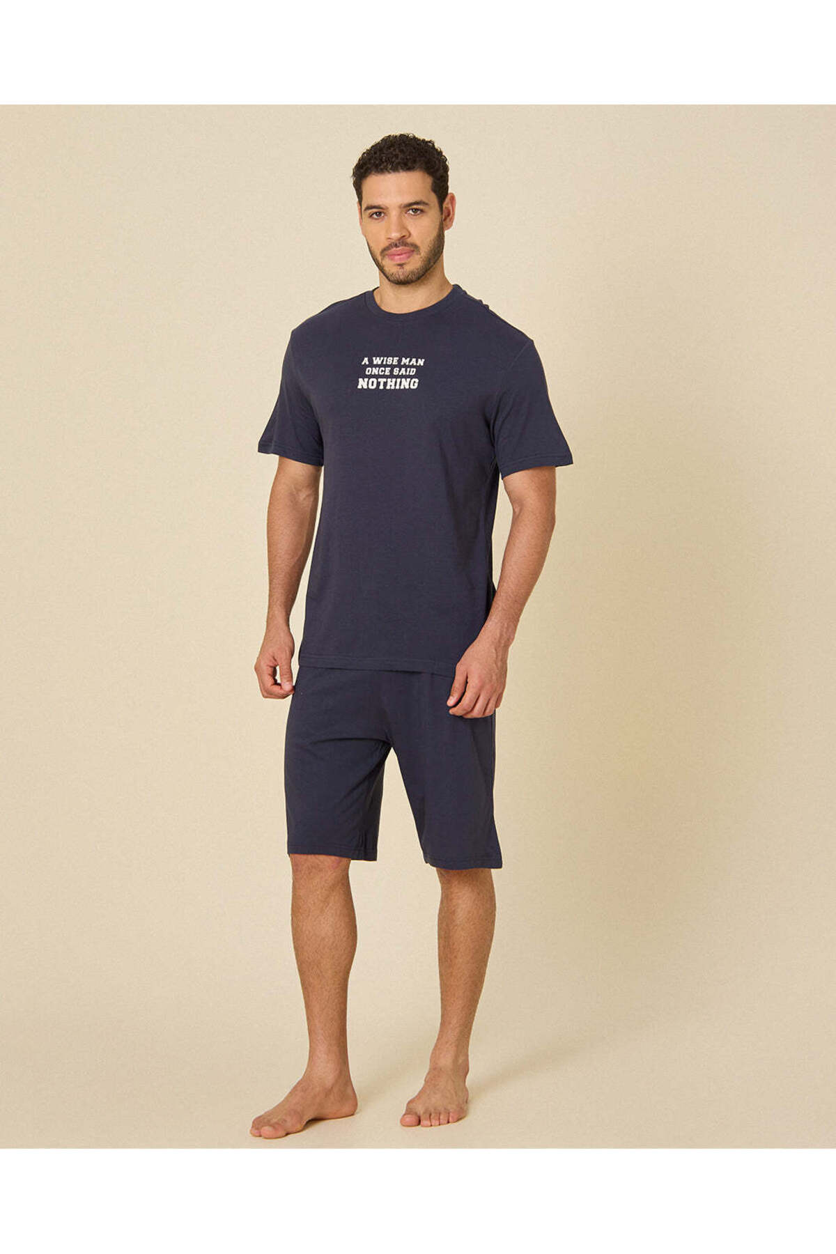 REDTAG Men Navy T-Shirt and Shorts Pyjama Set