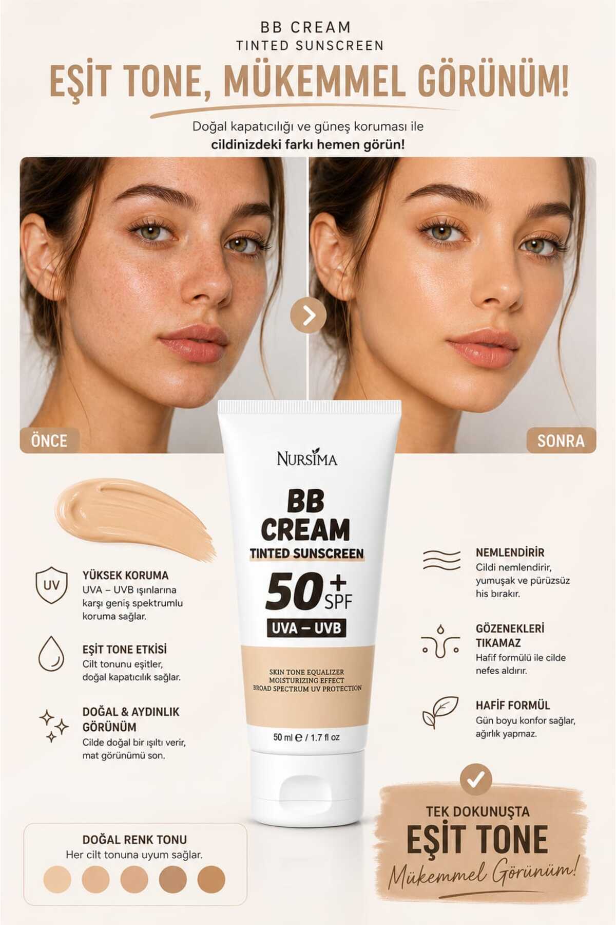 Fondötenli Güneş Kremi SPF 50+ Renkli Ton Eşitleyici UVA UVB Koruyucu — 64743454334 — تصویر 2 از 6