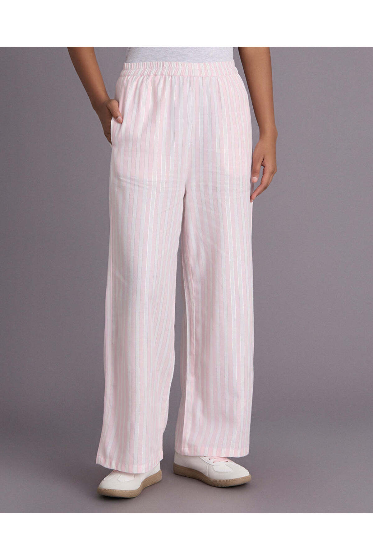 REDTAG Senior Girls Pink Striped Lurex Trousers
