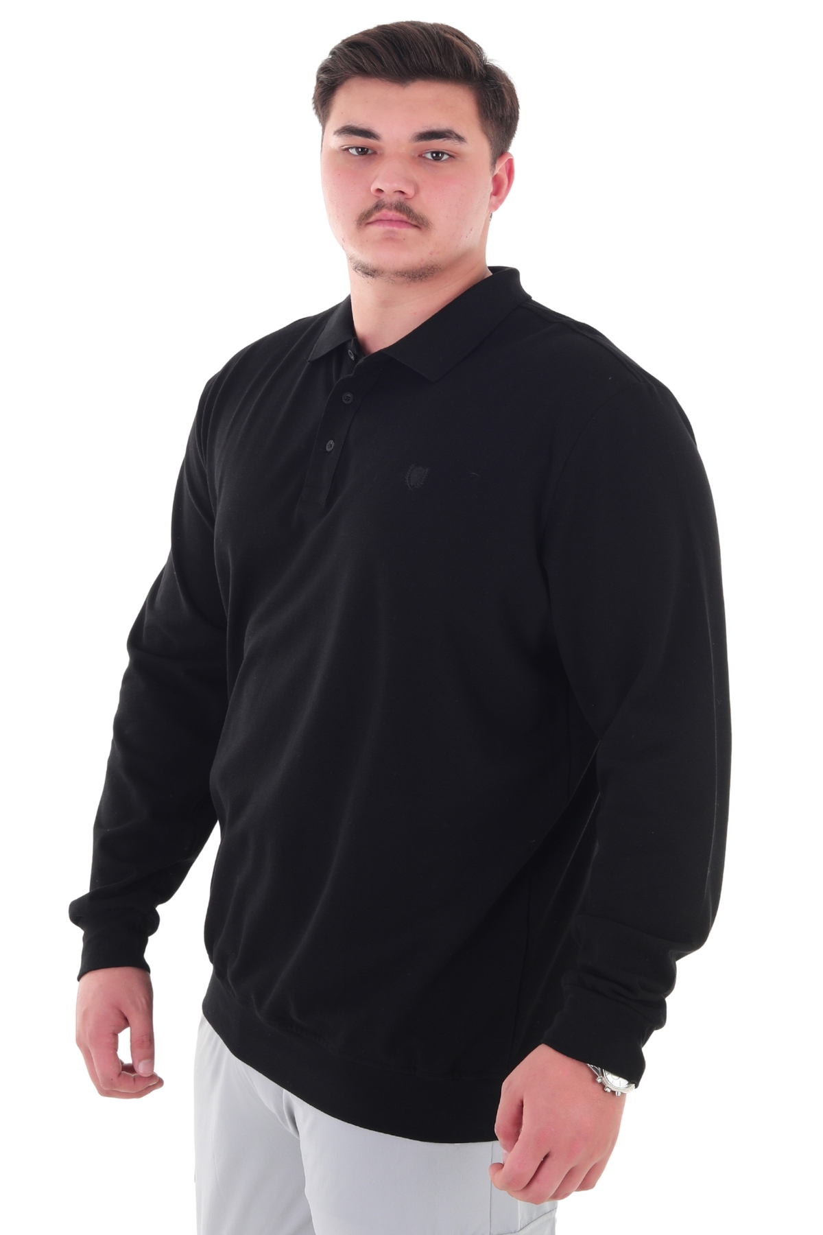 marufshop Erkek Büyük Beden 115-155 Kilo Arası İçin Uygun Uzun Kol Polo Yaka Mevsimlik Sweatshirt Siyah görsel 4