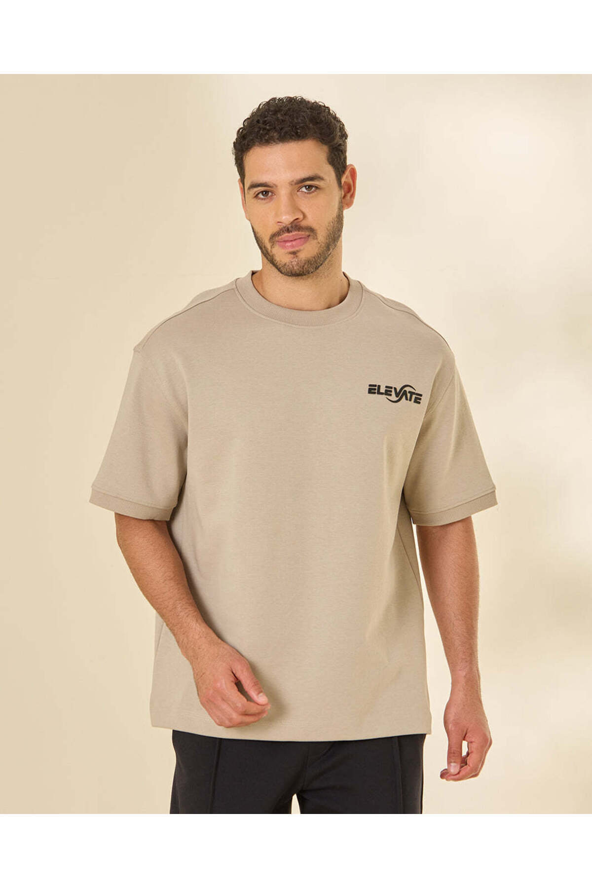 REDTAG Men Beige Placement Print T Shirt
