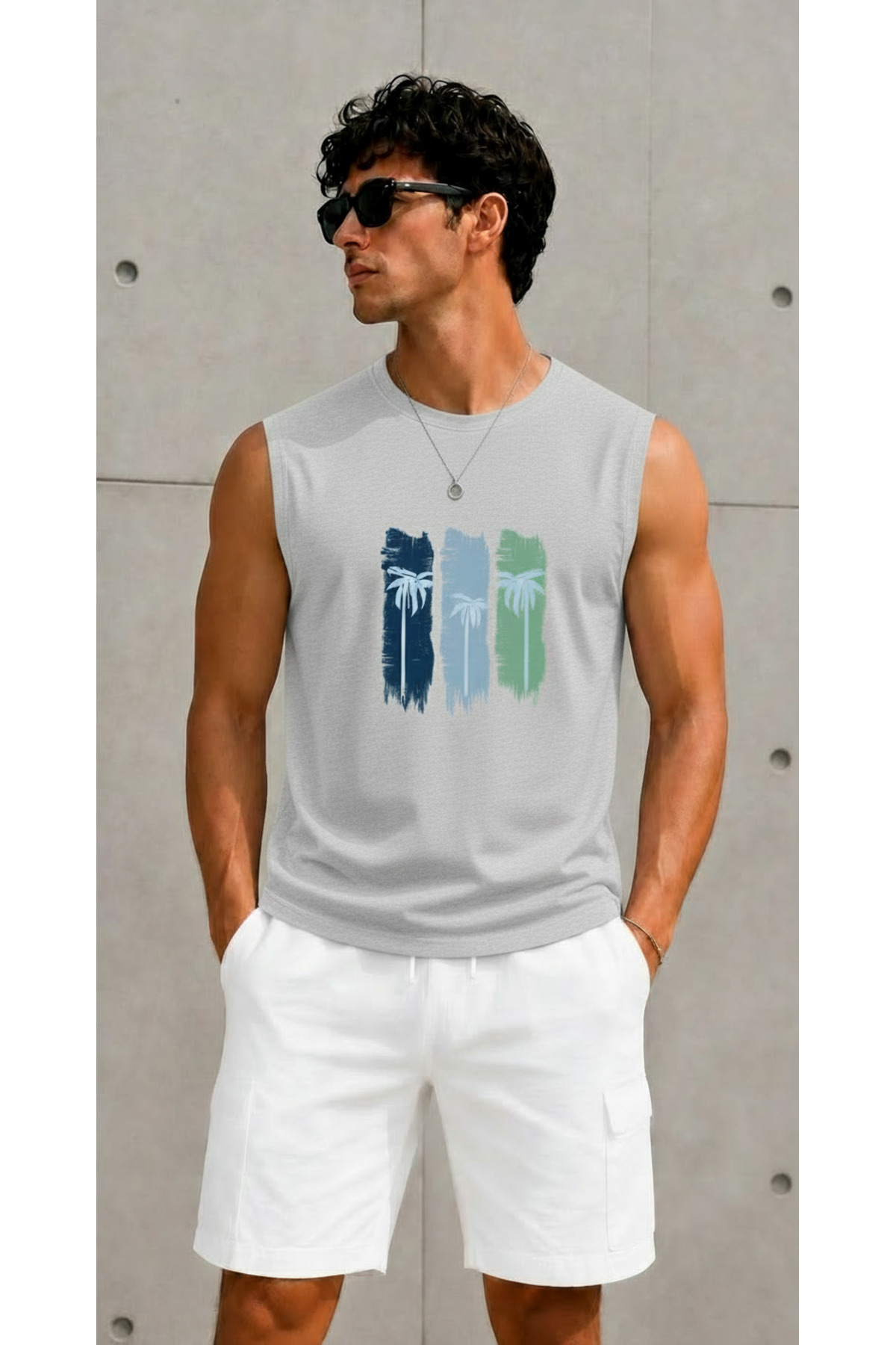 TREND EMMODA Erkek Palmiye Desenli Sıfır Kol Yuvarlak Bisiklet Yaka Gri Spor Tişört / Tshirt