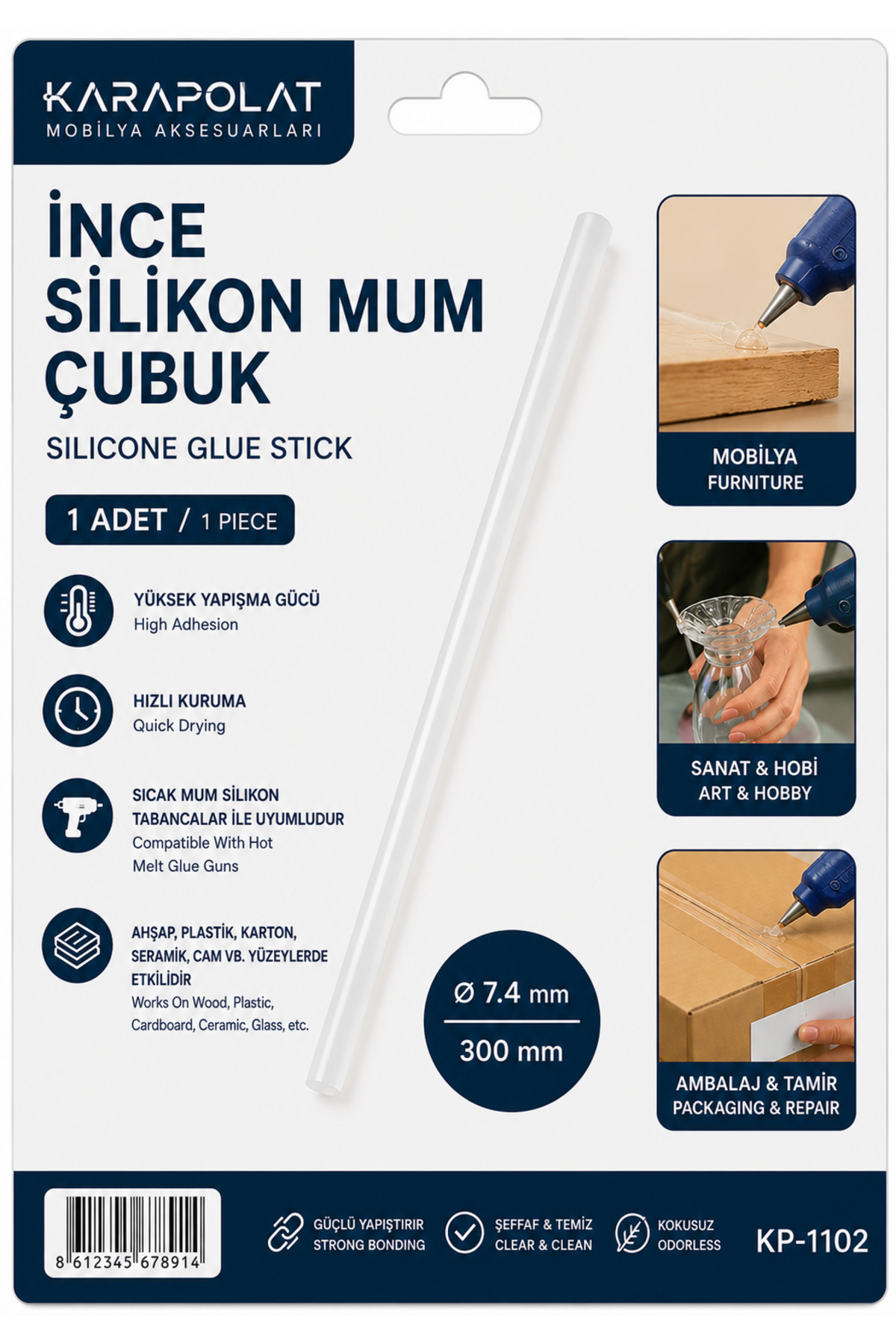 KARAPOLAT İnce Silikon Mum Çubuk 7.4 mm x 300 mm 1 Adet | Şeffaf Sıcak Mum Silikon Tabancası Yapıştırıcı