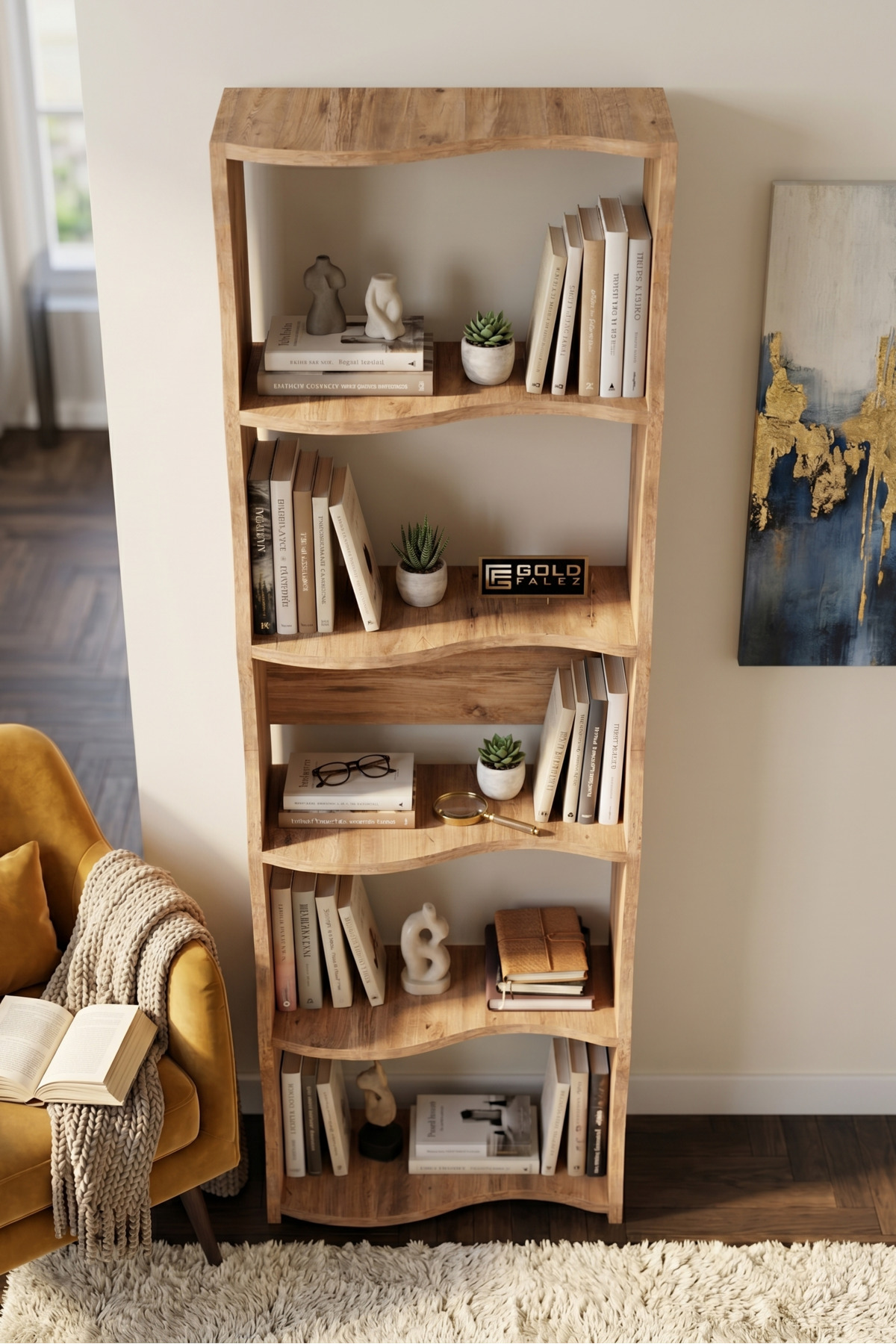 Kitaplık 5 Raflı Esinti Modern Çok Amaçlı Dekoratif Raf Ünitesi Geniş Kütüphane Ofis Kitaplığı 7080 Atlantik Çam görsel 4