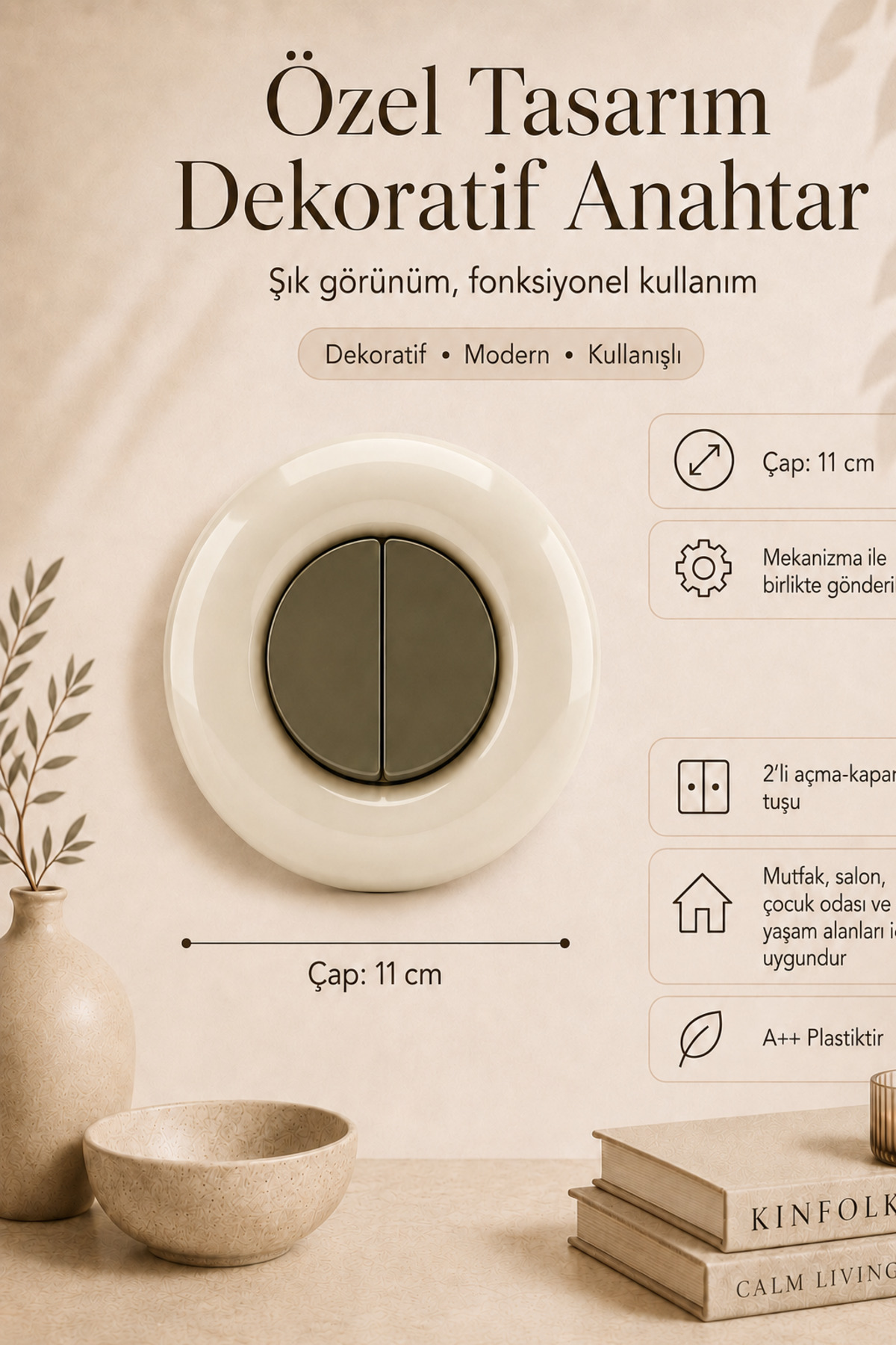 Özel Tasarım Bubble Serisi Dış Krem İç Haki Dekoratif Anahtar A Kalite Plastik (Mekanizma Dahildir)