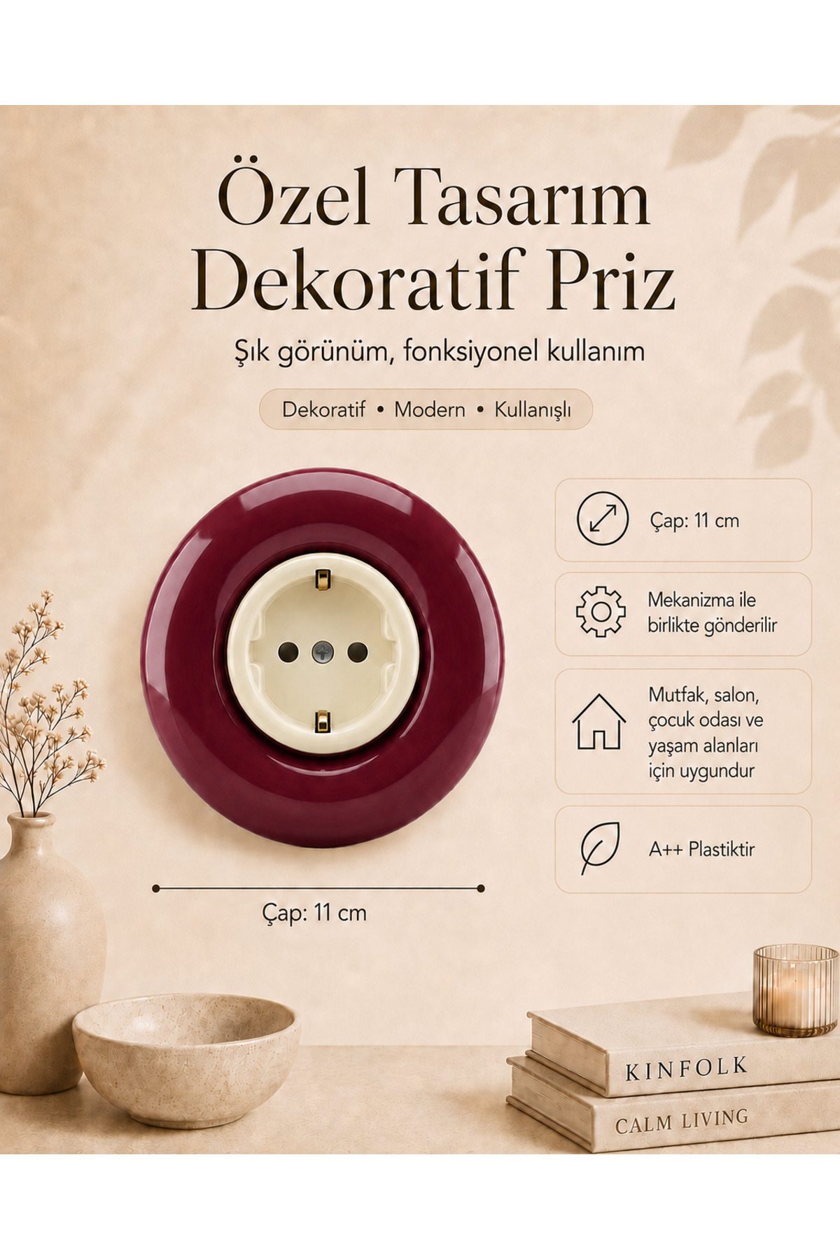 Özel Tasarım Bubble Serisi Dış Bordo İç Krem Dekoratif Priz A Kalite Plastik (Mekanizma Dahildir)