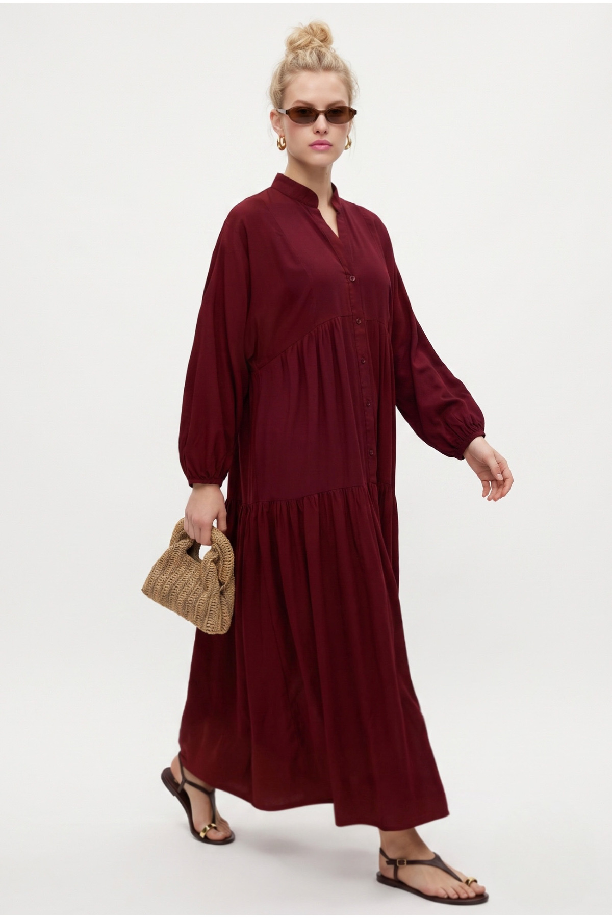 Women's Modest New Base 100% Viscose Claret Red Maxi Size Summer Dress