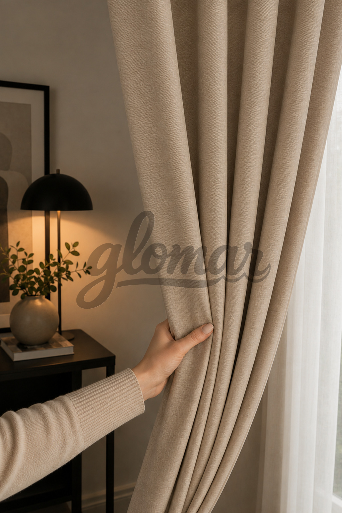 Beige Linen Backdrop Curtain Straight Seam Plainless Extrafor Shirred Cornice Ready-to-Use Single Wing