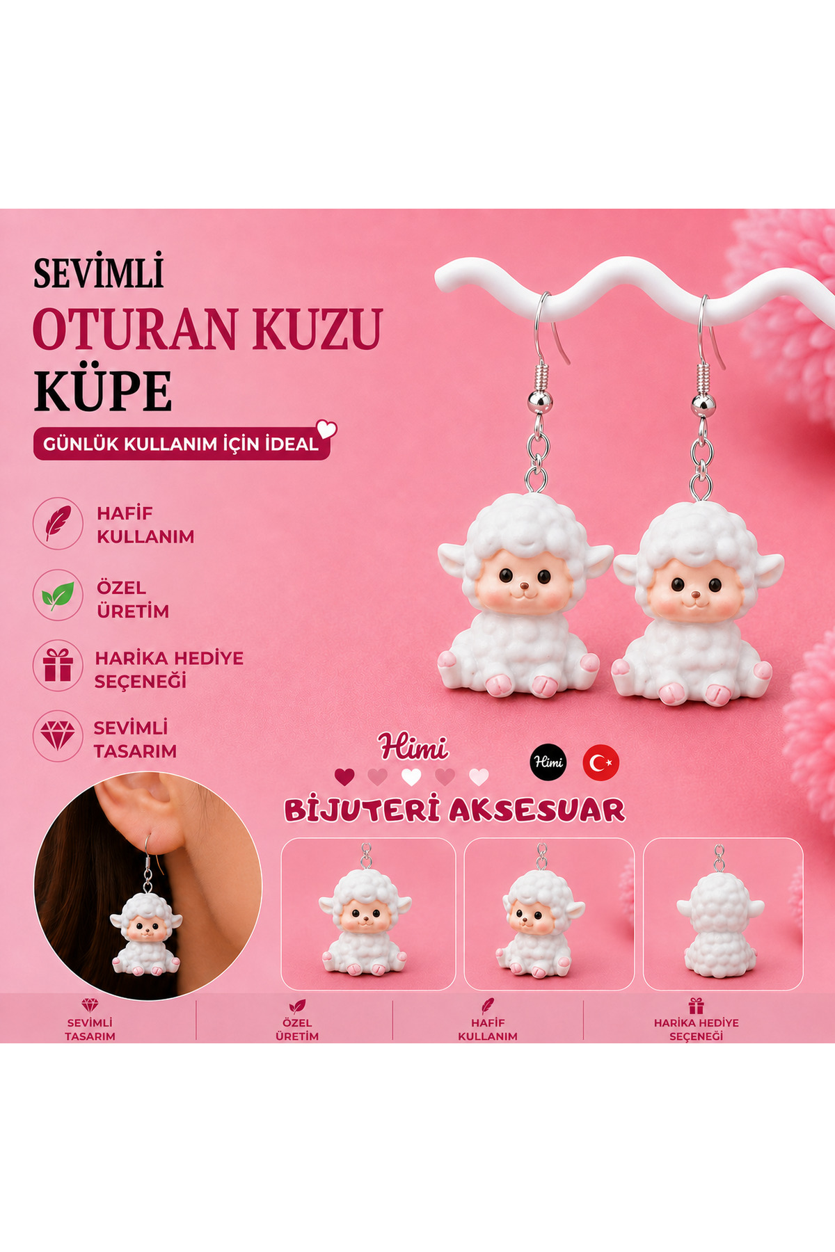 Sevimli Oturan Kuzu Hayvan Figürlü Sallantılı Küpe Hafif Tasarım Günlük Kullanım Bijuteri Çocuk Küpesi