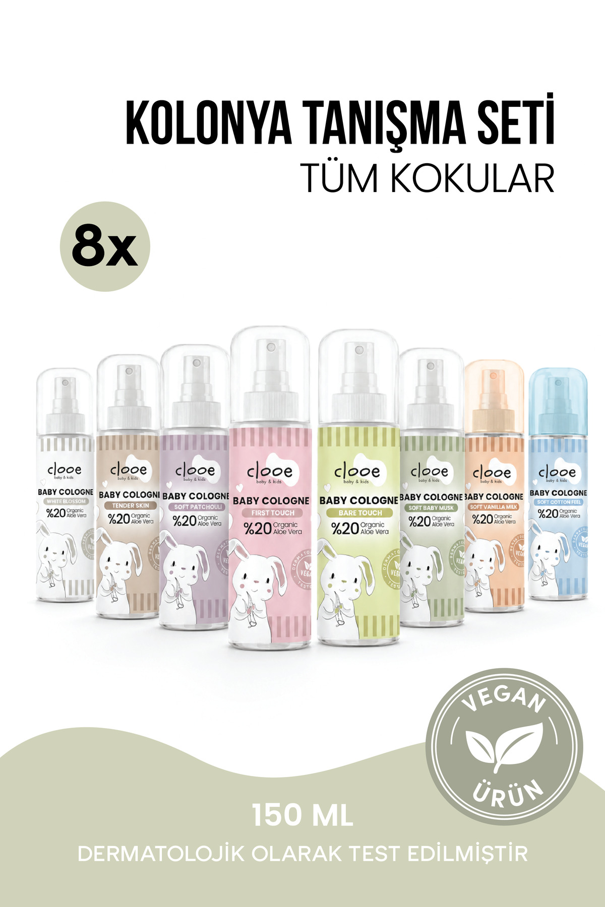 clooe Vegan Bebek Kolonyası Seti Organik Aloe Vera Özlü Karma Paket 8x150ml — PKA053