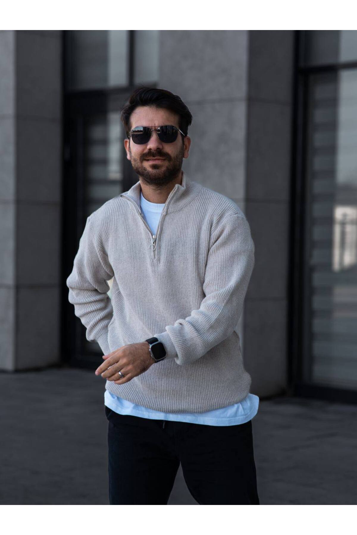 Erkek 3'lü Selanik Örme Yarım Fermuarlı Triko Kazak Kışlık Kalın Dokulu Dik Yaka Premium
