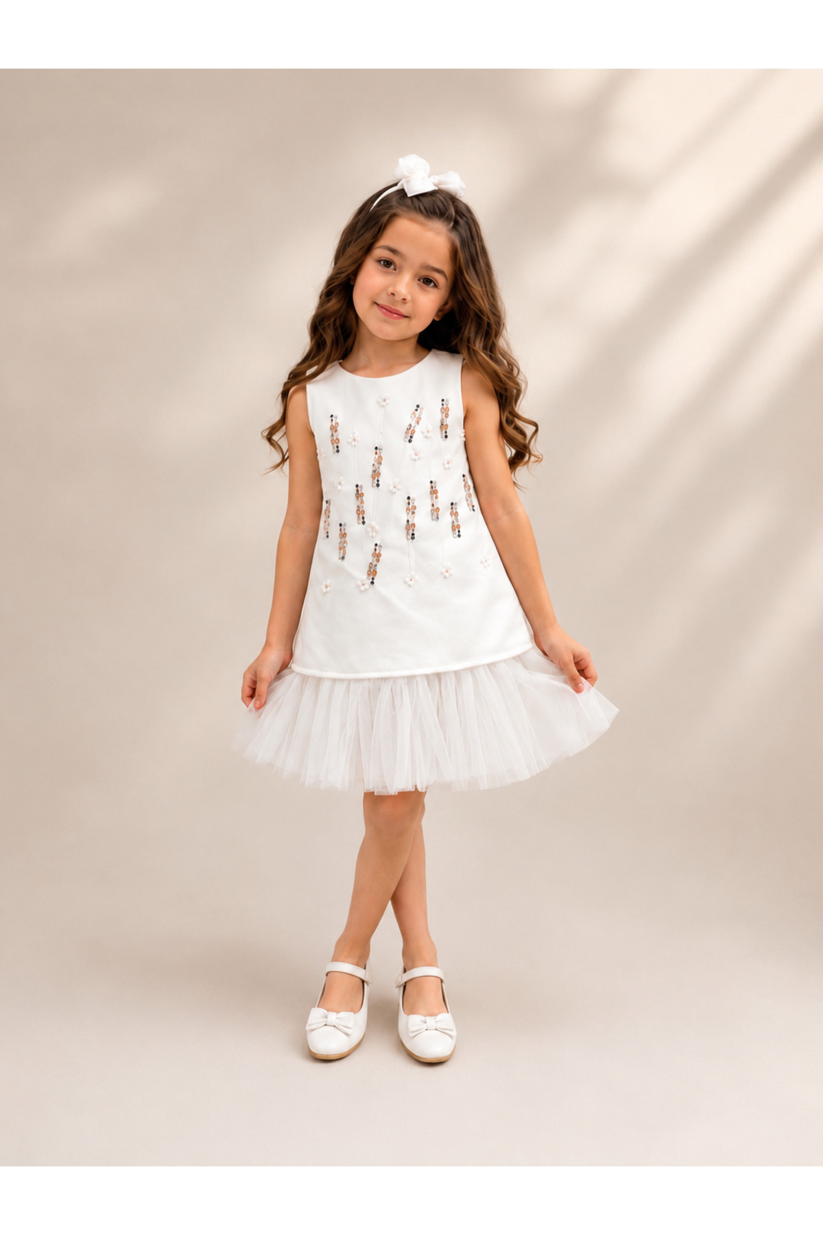 Girls Pearl Embellished Party Dress with Soft Tulle Hem – Ivory White