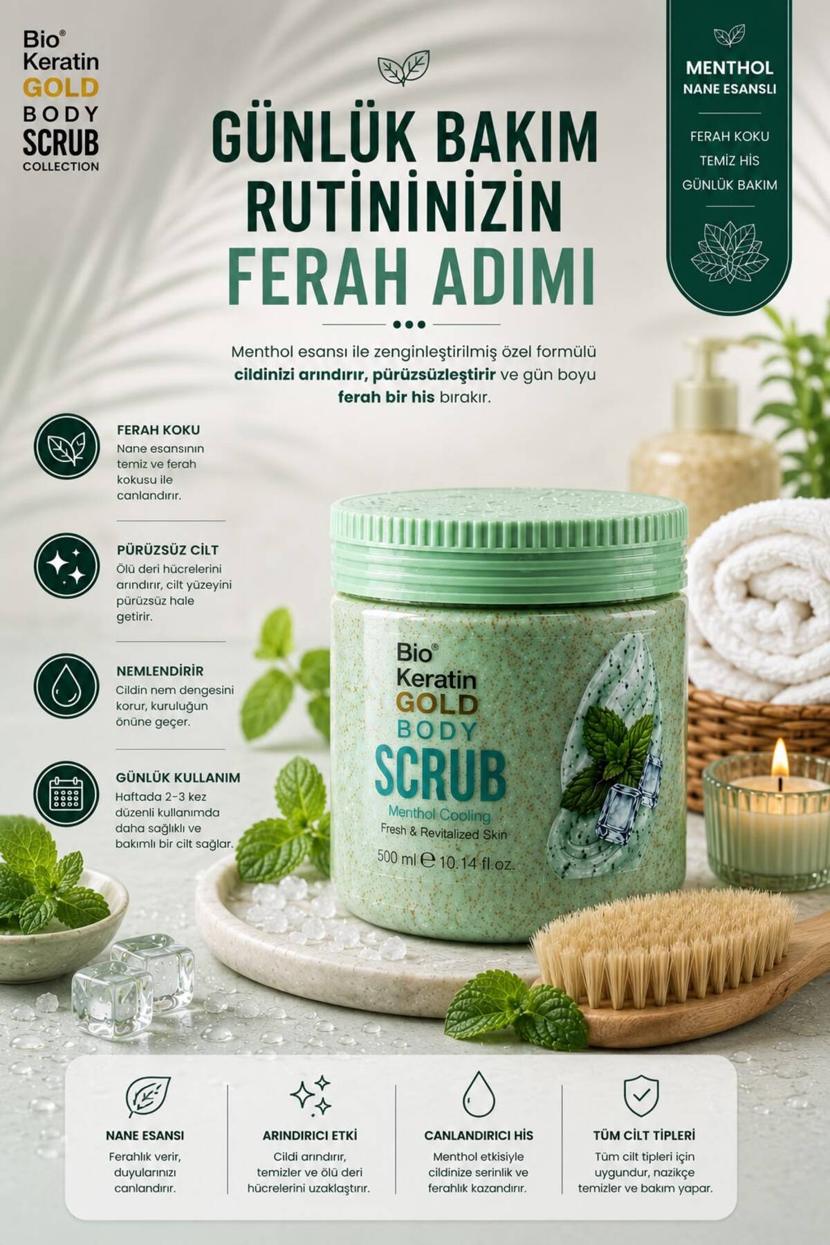 Menthol Özlü Vücut Peeling 500ml Ferah ve Pürüzsüz Cilt Body Scrub — A609 — تصویر 7 از 8