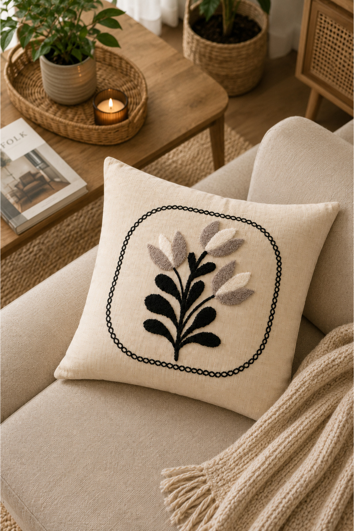 Dekoratif Punch Kırlent Kılıfı Keten Kumaş Gizli Fermuarlı 43x43