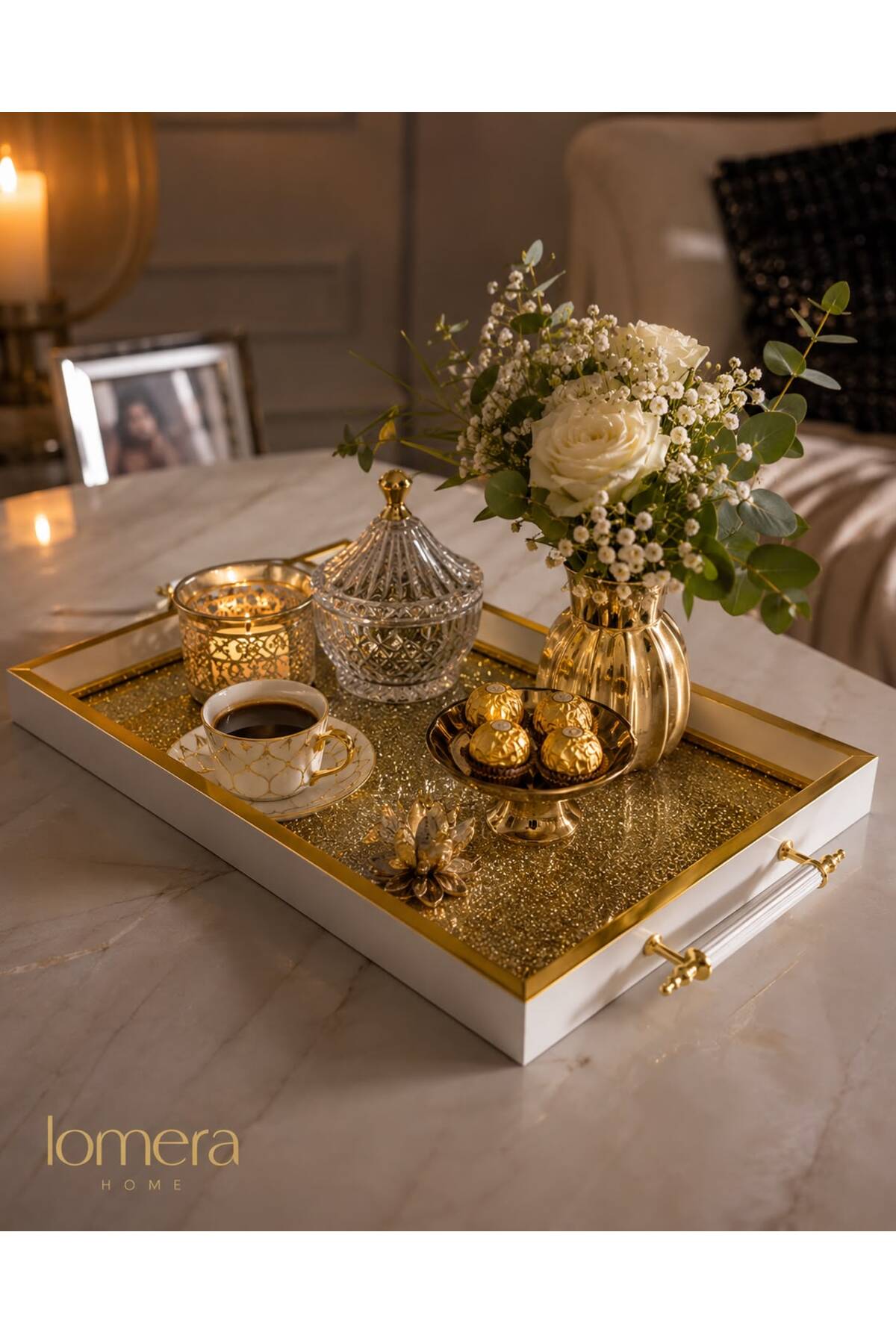 Lomera Home Premium Glitter Presentation Tray | Wooden White Gold Luxury Decorative Tray 42X29 cm