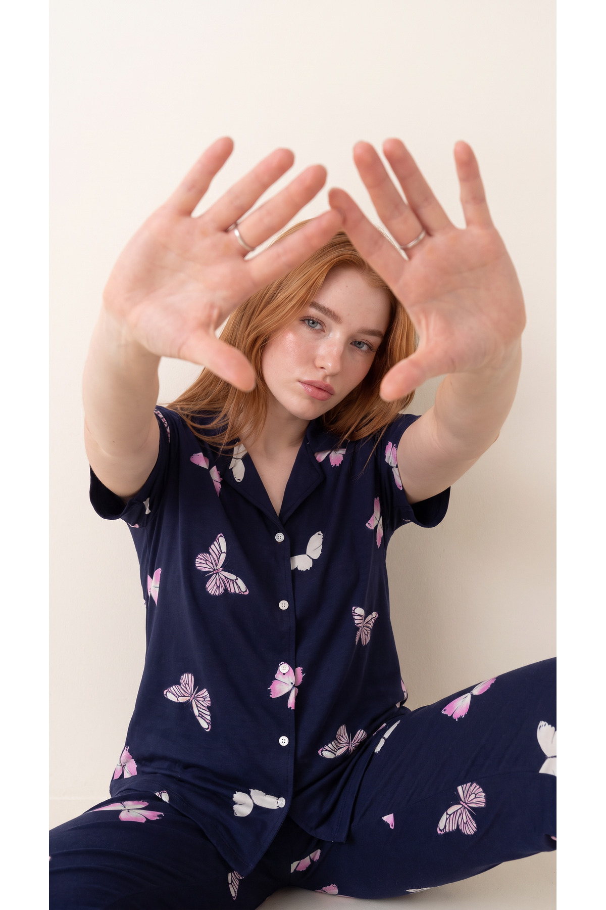 Arzey Navy Blue Butterfly Patterned Bamboo Short Sleeve Buttoned Front Pajama Set