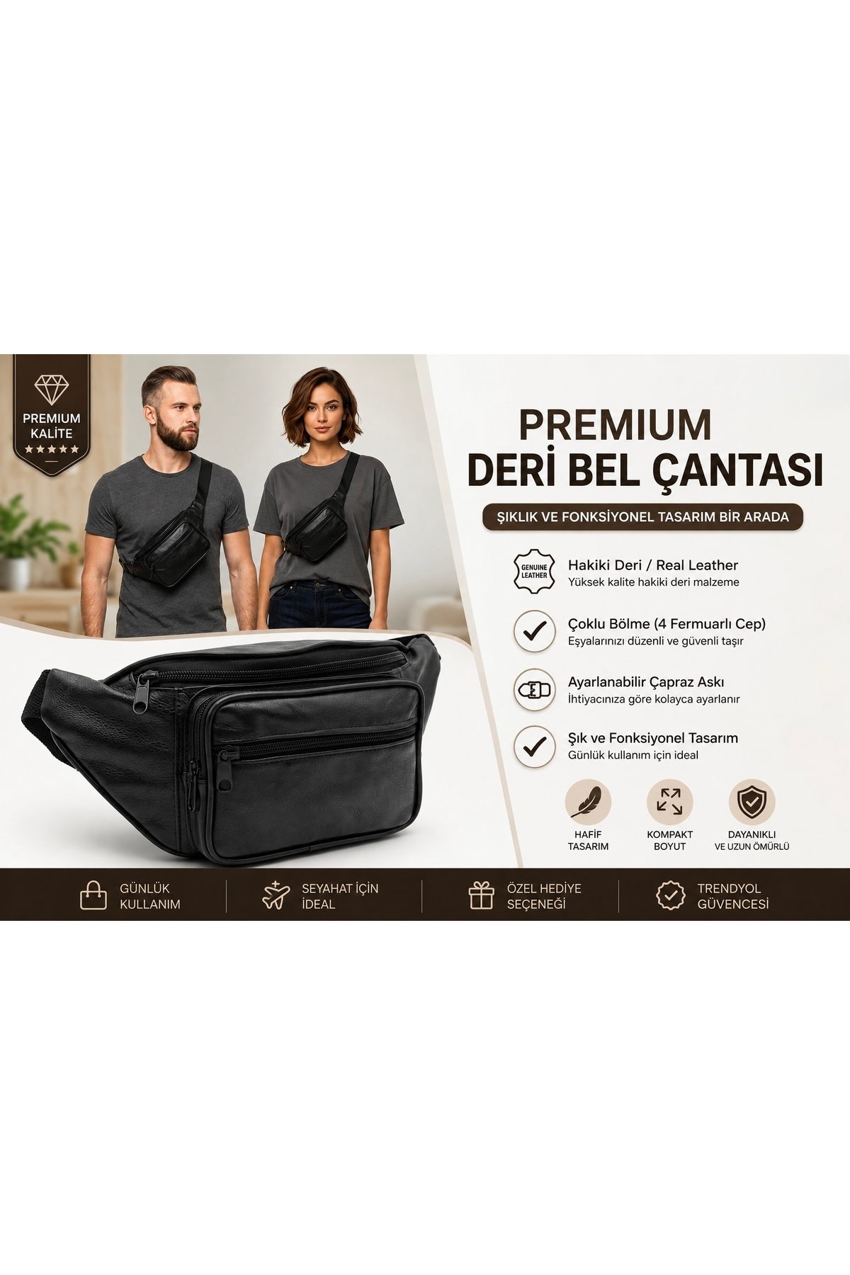 Lumera %100 deri siyah bel çantası/günlük rahat kullanım görsel 2